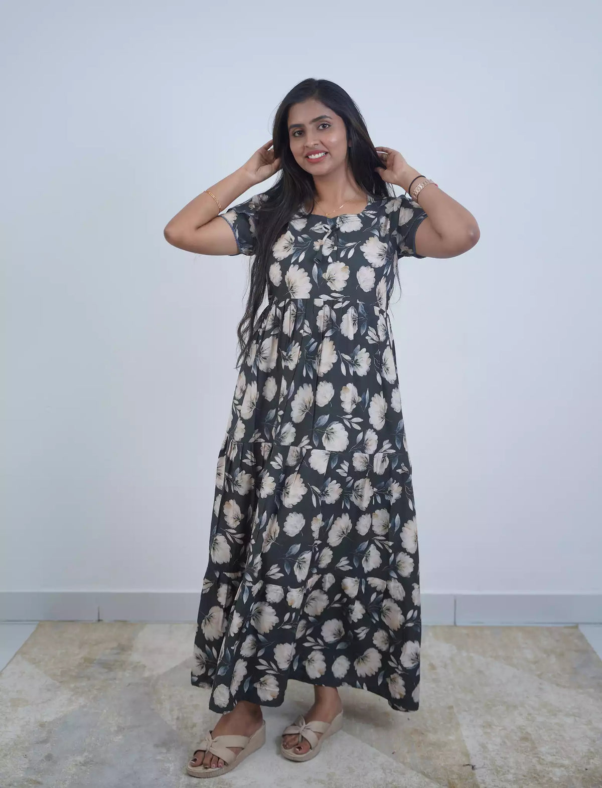 Rayon Floral Print 3 Layer Frock with Back Tie & Layer Frock | Mangai Nighties