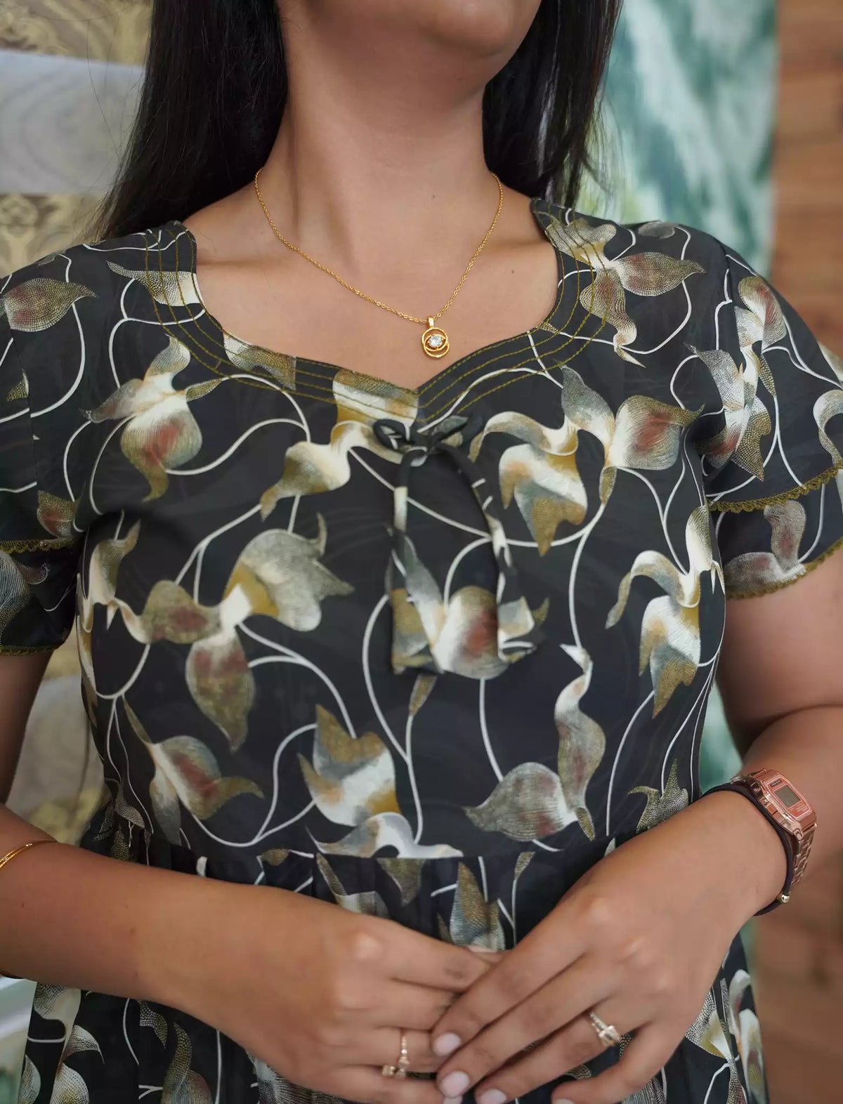 Rayon Abstract Floral Print 3 Layer Frock with Back Tie & Side Pocket | Mangai Nighties