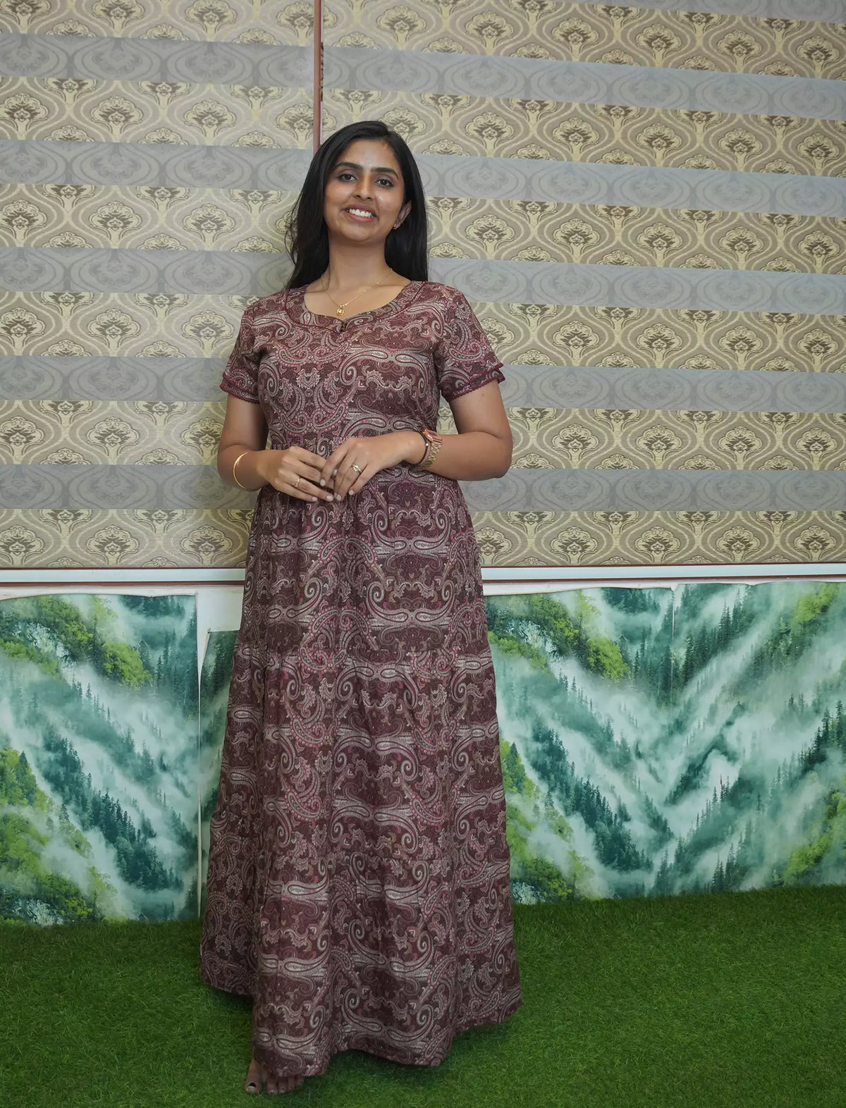 Rayon Paisley print 3 Layer Frock with Back Tie & Layer Sleeve | Mangai Nighties