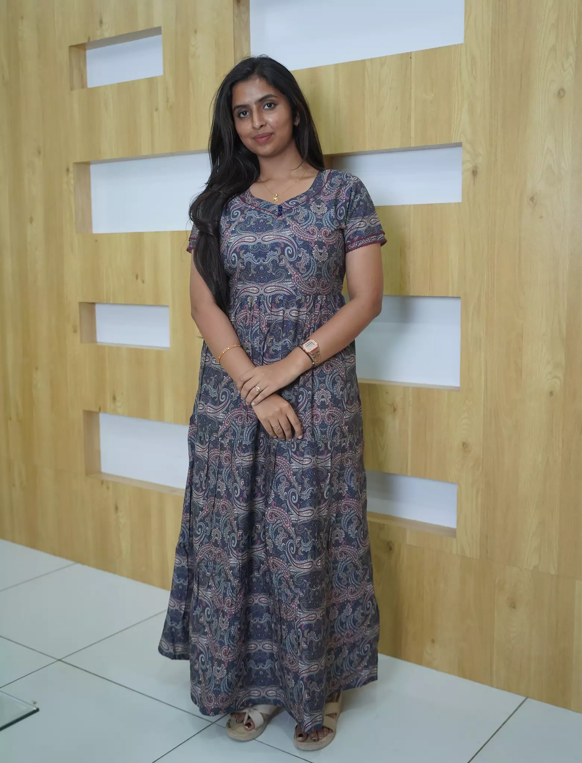 Rayon Paisley print 3 Layer Frock with Back Tie & Layer Sleeve | Mangai Nighties