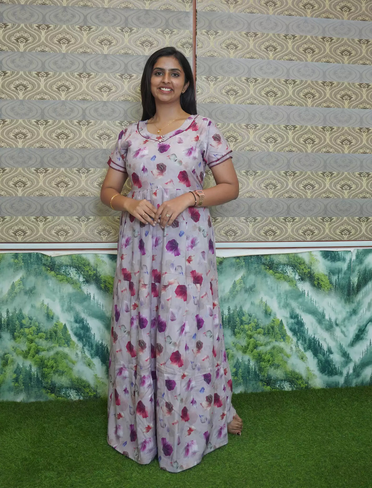 Rayon Floral Print 3-Layer Frock with Side Pocket - Mangai Nighties