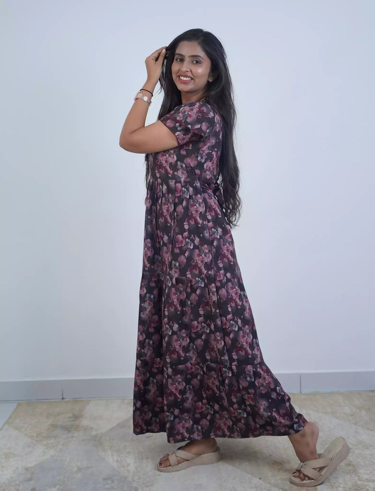 Rayon Floral Print 3 Layer Frock with Layered Sleeves- Mangai Nighties