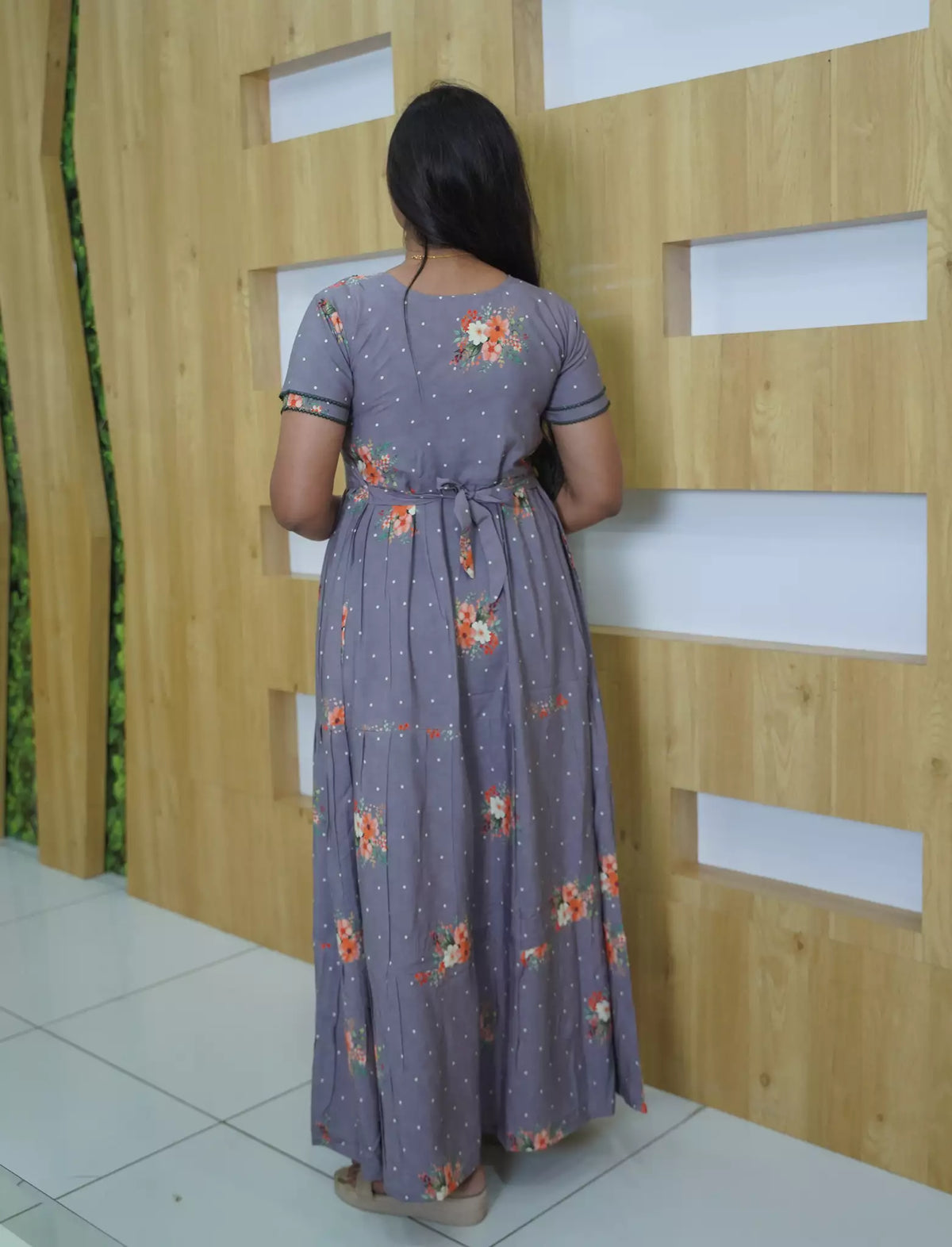 Rayon Floral & Dot Print 3 Layer Frock Back Tie with Layer Sleeve - Mangai Nighties