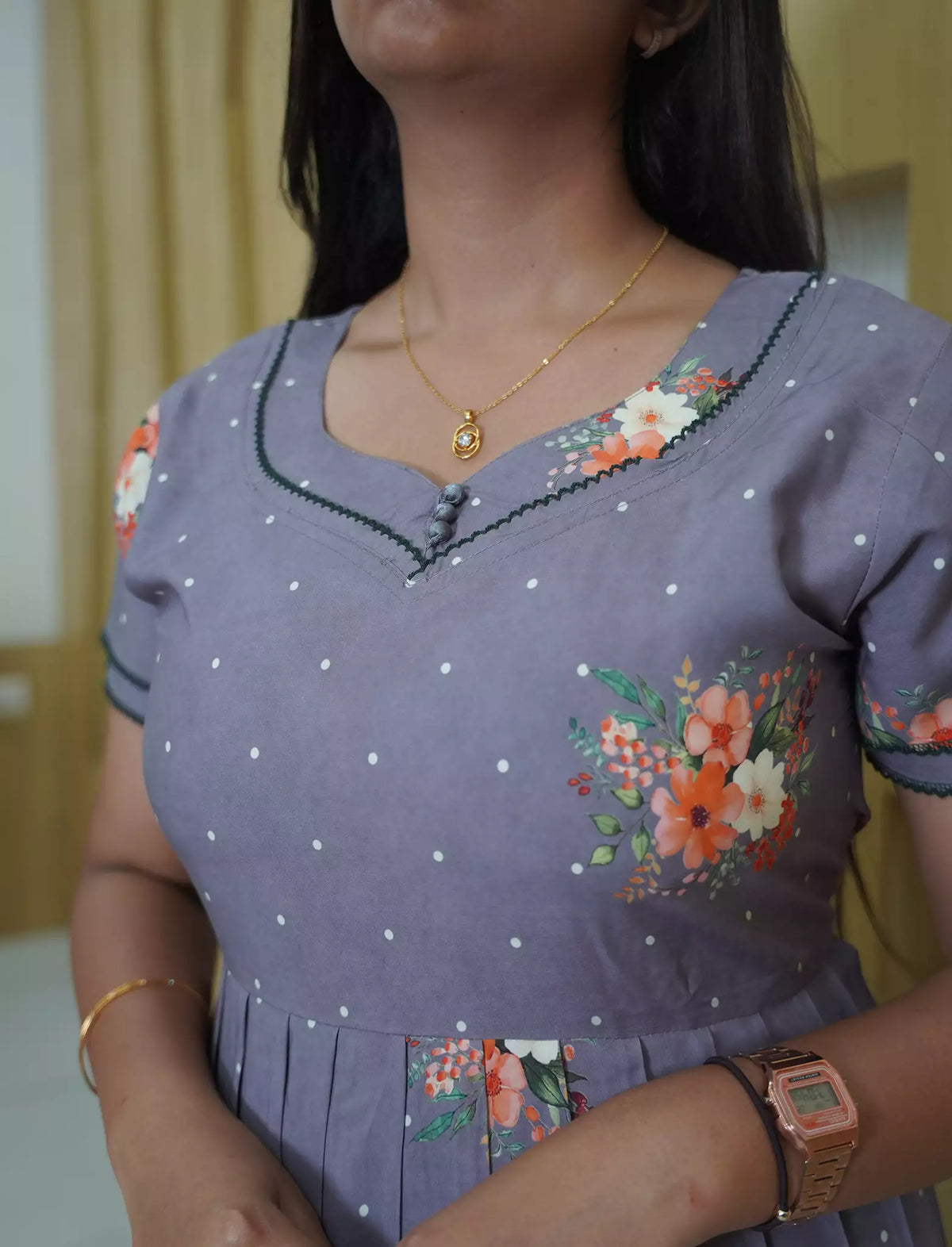 Rayon Floral & Dot Print 3 Layer Frock Back Tie with Layer Sleeve - Mangai Nighties
