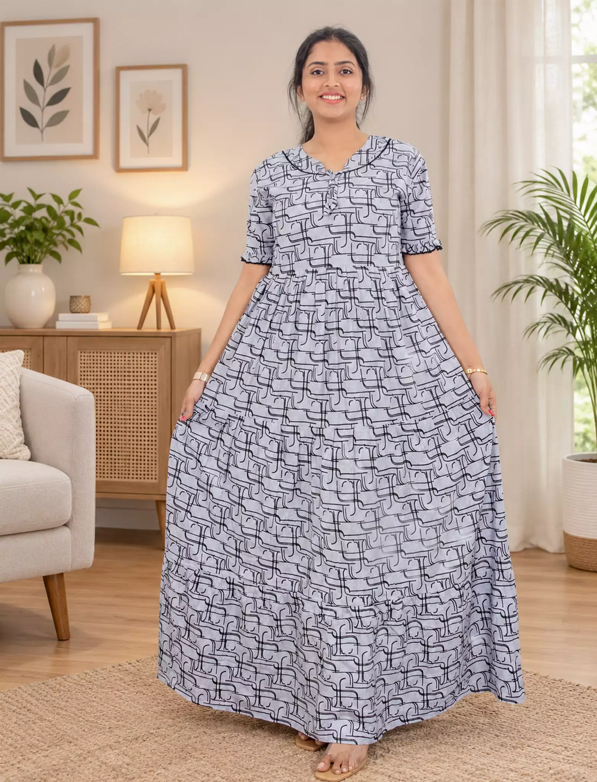Mangai 3 Layer Frock Model Nighties Soft and Smooth Premium Quality Rayon Material , Fancy Frilled Sleeve, Side Pocket , Back tie Rope , Stylish Collection's for Trendy Women's (MRK)