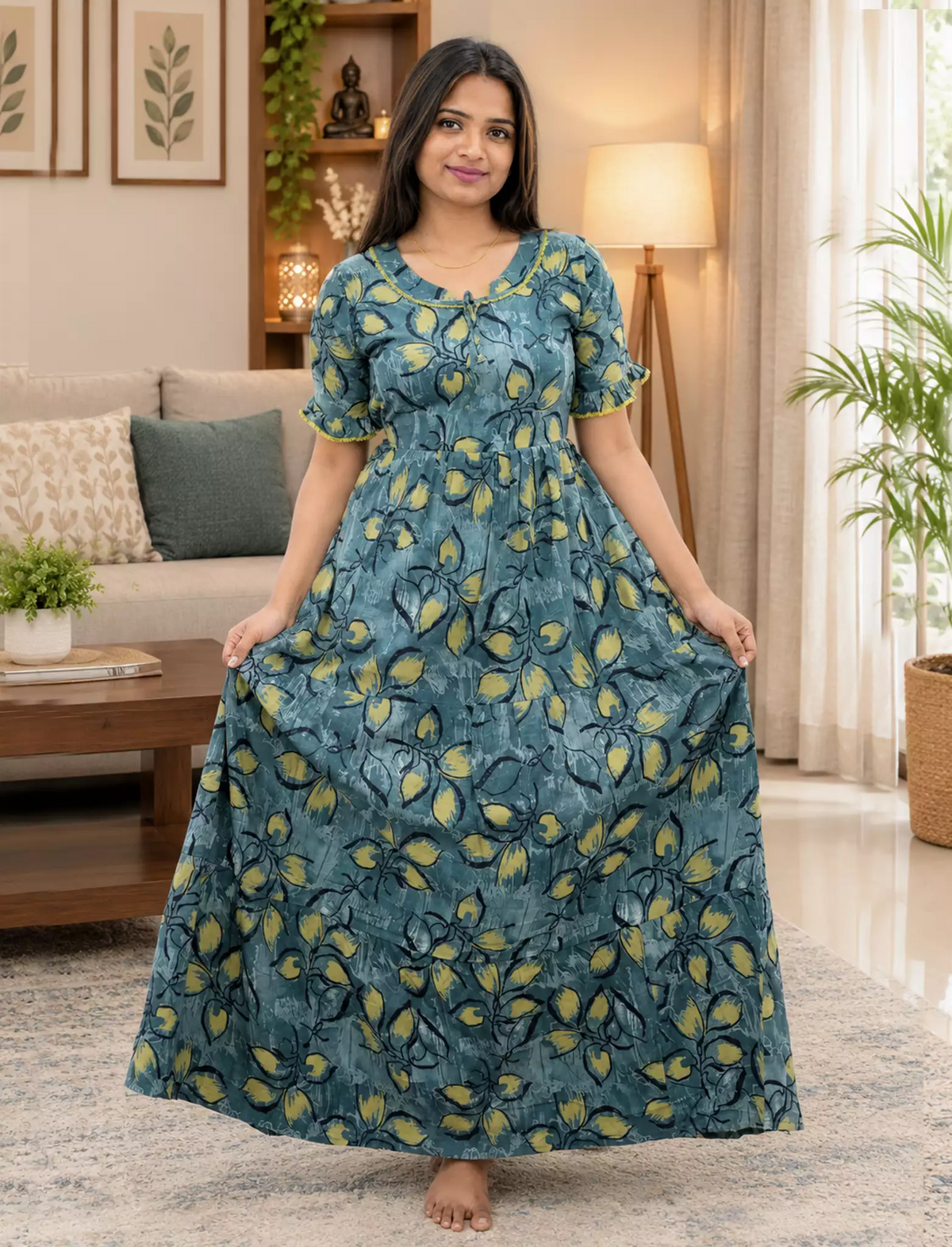 Mangai 3 Layer Flared Frock Model Nighties Soft and Smooth Premium Quality Rayon Material , Fancy Frilled Sleeve, Side Pocket , Back tie Rope , Stylish Collection's for Trendy Women's (MRK)