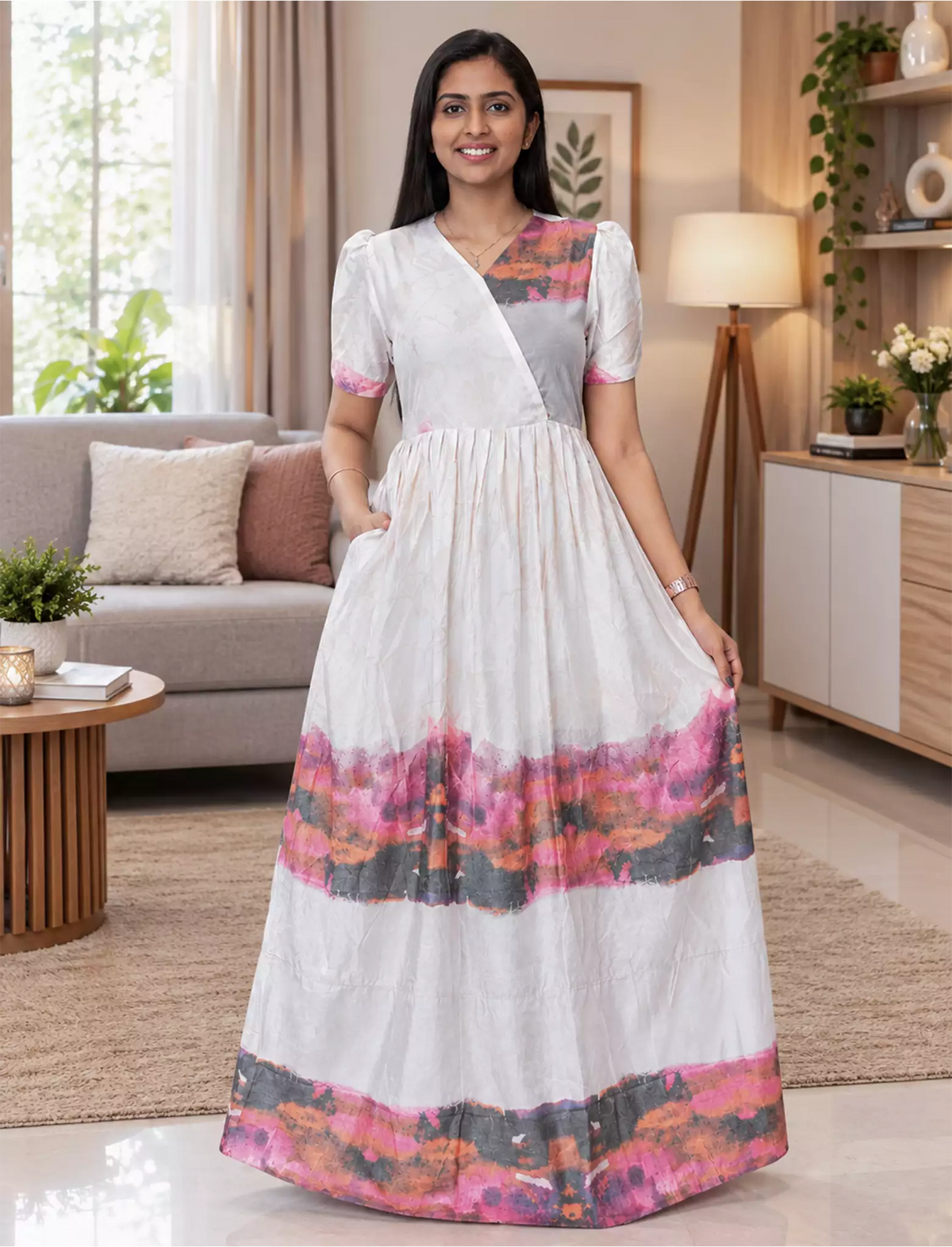 Rayon Sunset Abstract Print Long Frock with Puff Sleeve | Mangai Nighties