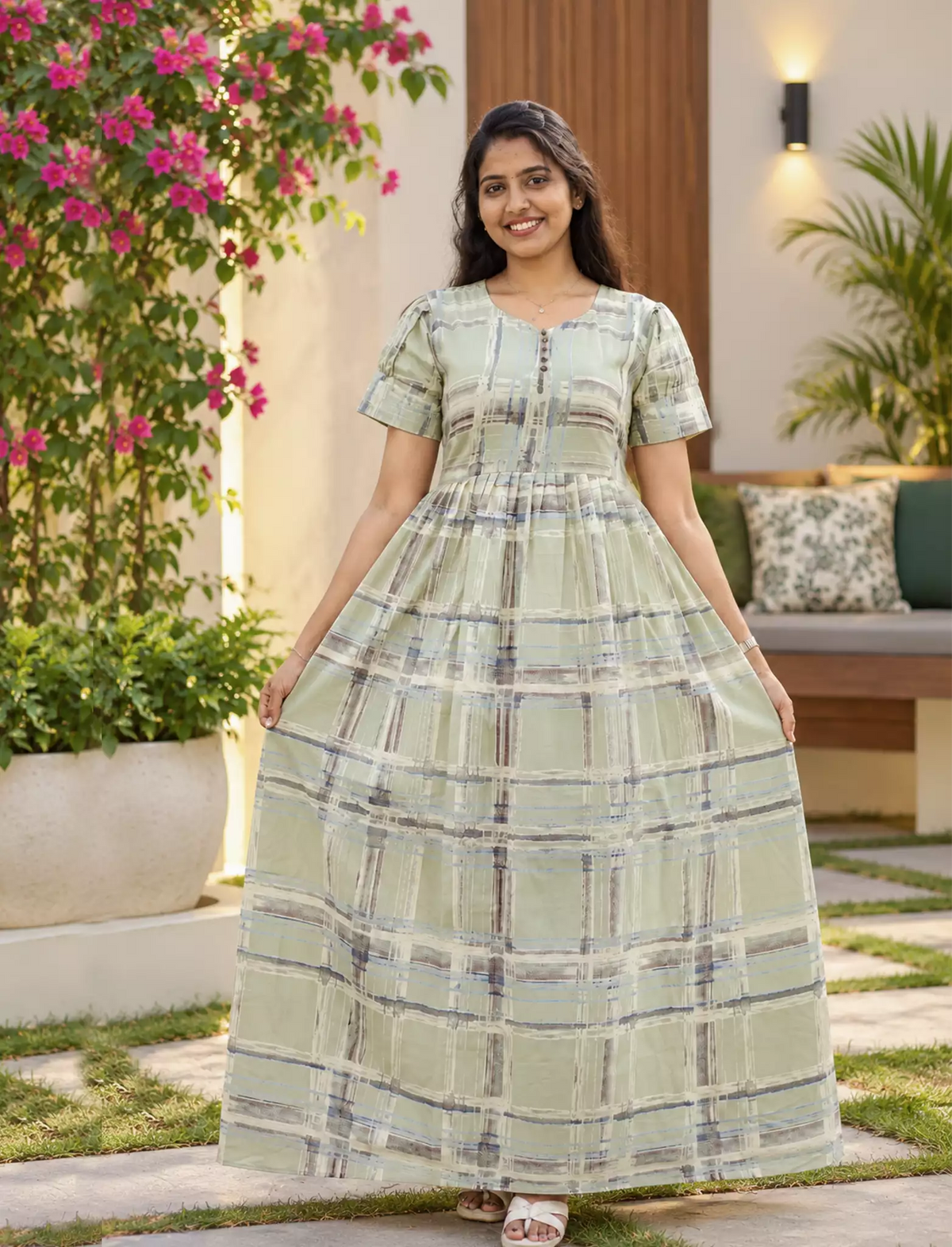 Rayon Check Print Long Frock with Side Pocket| Mangai Nighties