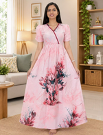 Floral Rayon Long Frock with V Lace Neck, Pocket & Back Tie – Mangai Nighties