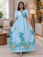 Rayon Floral Long Frock with V Lace Neck & Side Pocket – Mangai Nighties