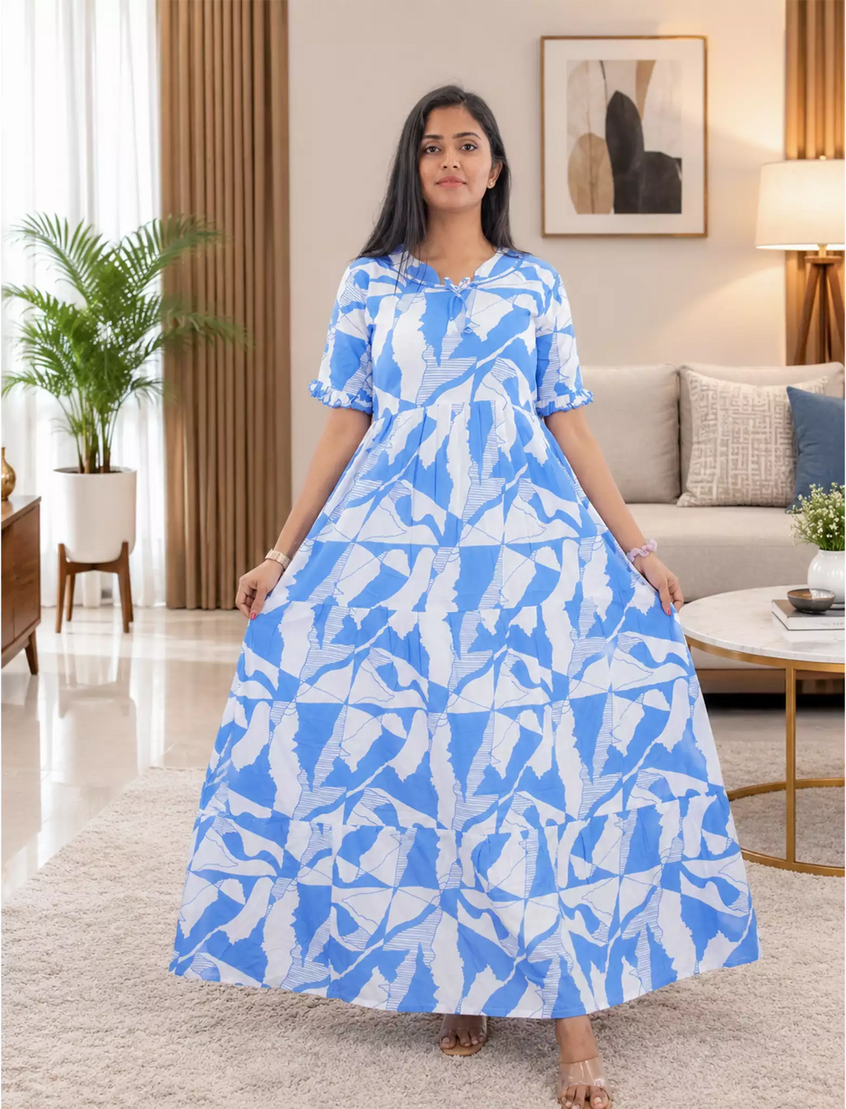 Mangai 3 Layer Frock Model Nighties Soft and Smooth Premium Quality Rayon Material , Fancy Frilled Sleeve, Side Pocket , Back tie Rope , Stylish Collection's for Trendy Women's (MRK)