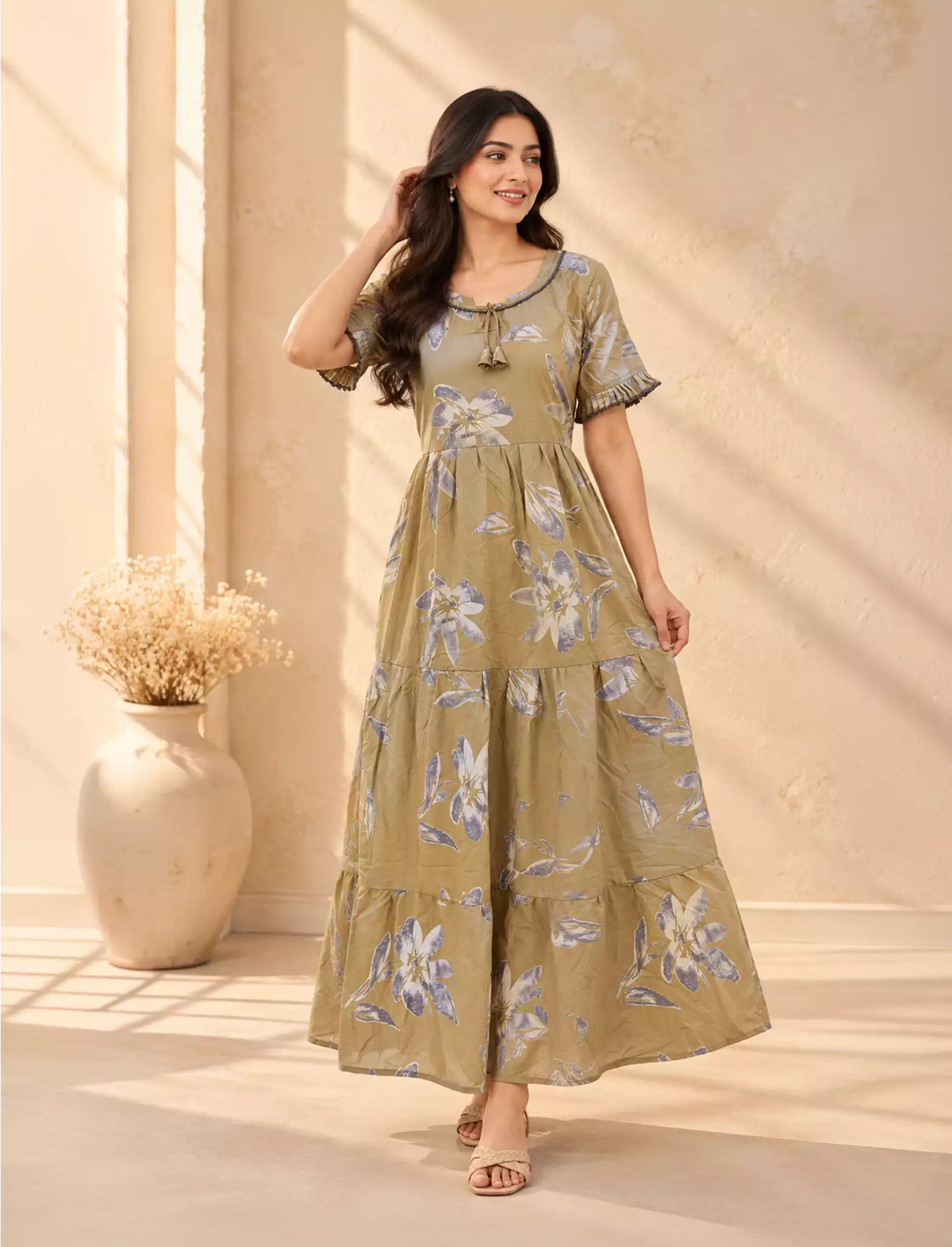 Floral Print Rayon Frilled Sleeve Full Frock with Side Pocket | Mangai Nighties