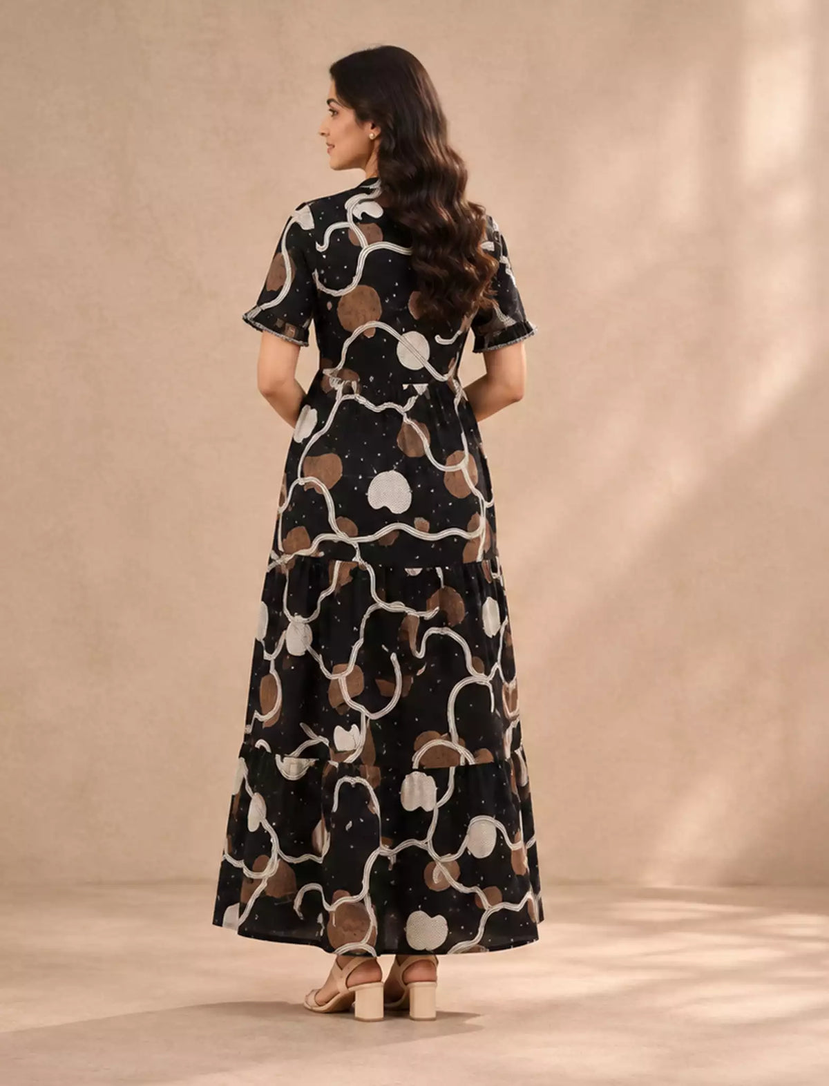 Abstract Floral Line Art Rayon Frilled Sleeve Full Frock with Back Tie | Mangai Nighties