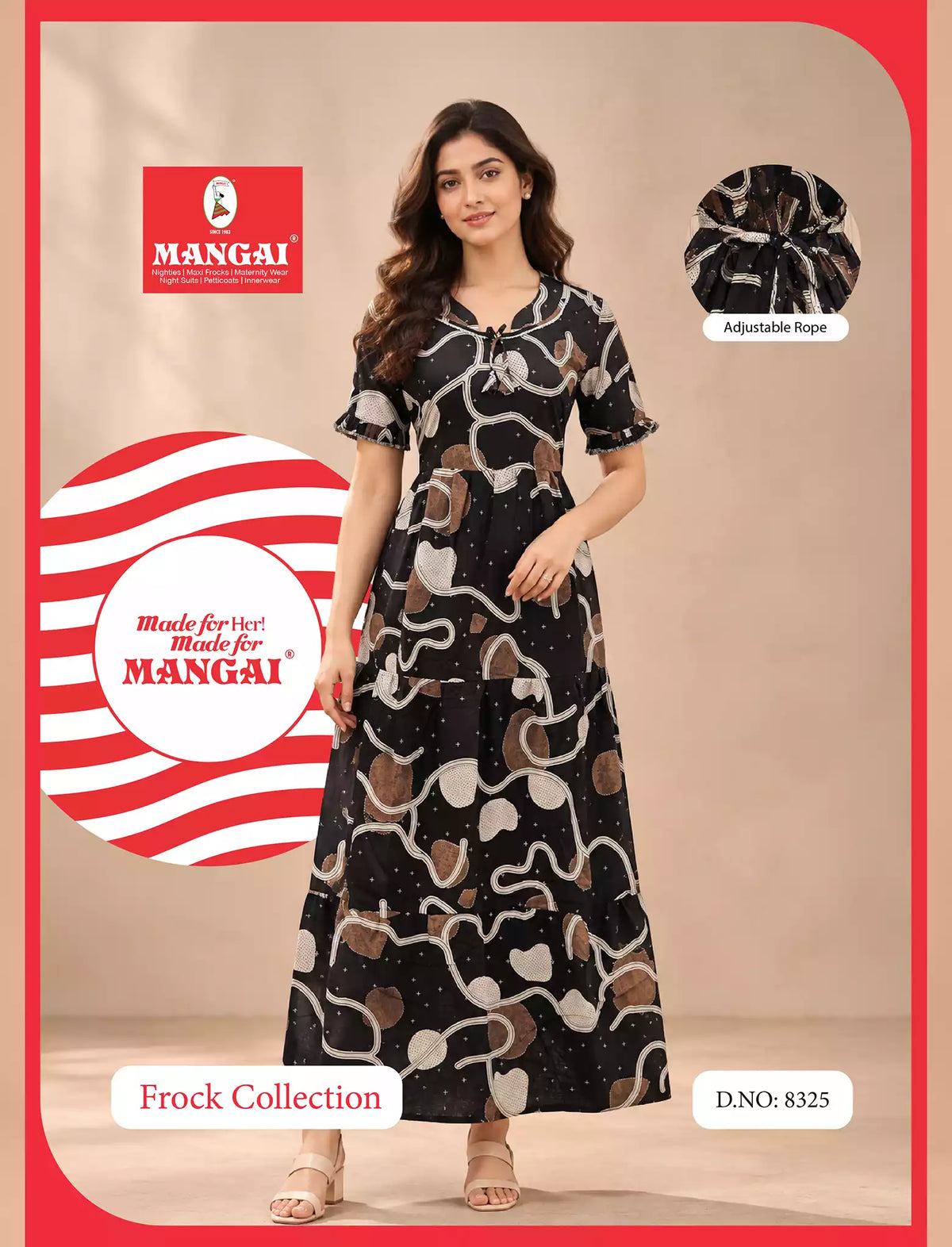 Abstract Floral Line Art Rayon Frilled Sleeve Full Frock with Back Tie | Mangai Nighties