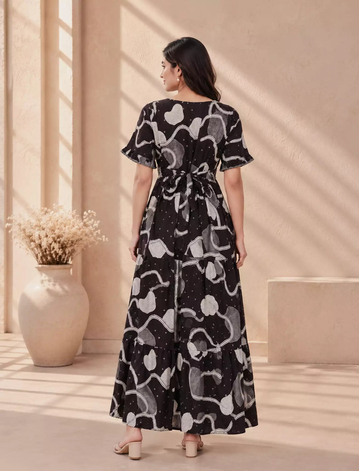 Abstract Floral Line Art Rayon Frilled Sleeve Full Frock with Back Tie | Mangai Nighties