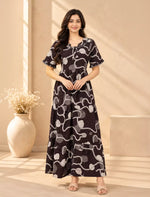Abstract Floral Line Art Rayon Frilled Sleeve Full Frock with Back Tie | Mangai Nighties