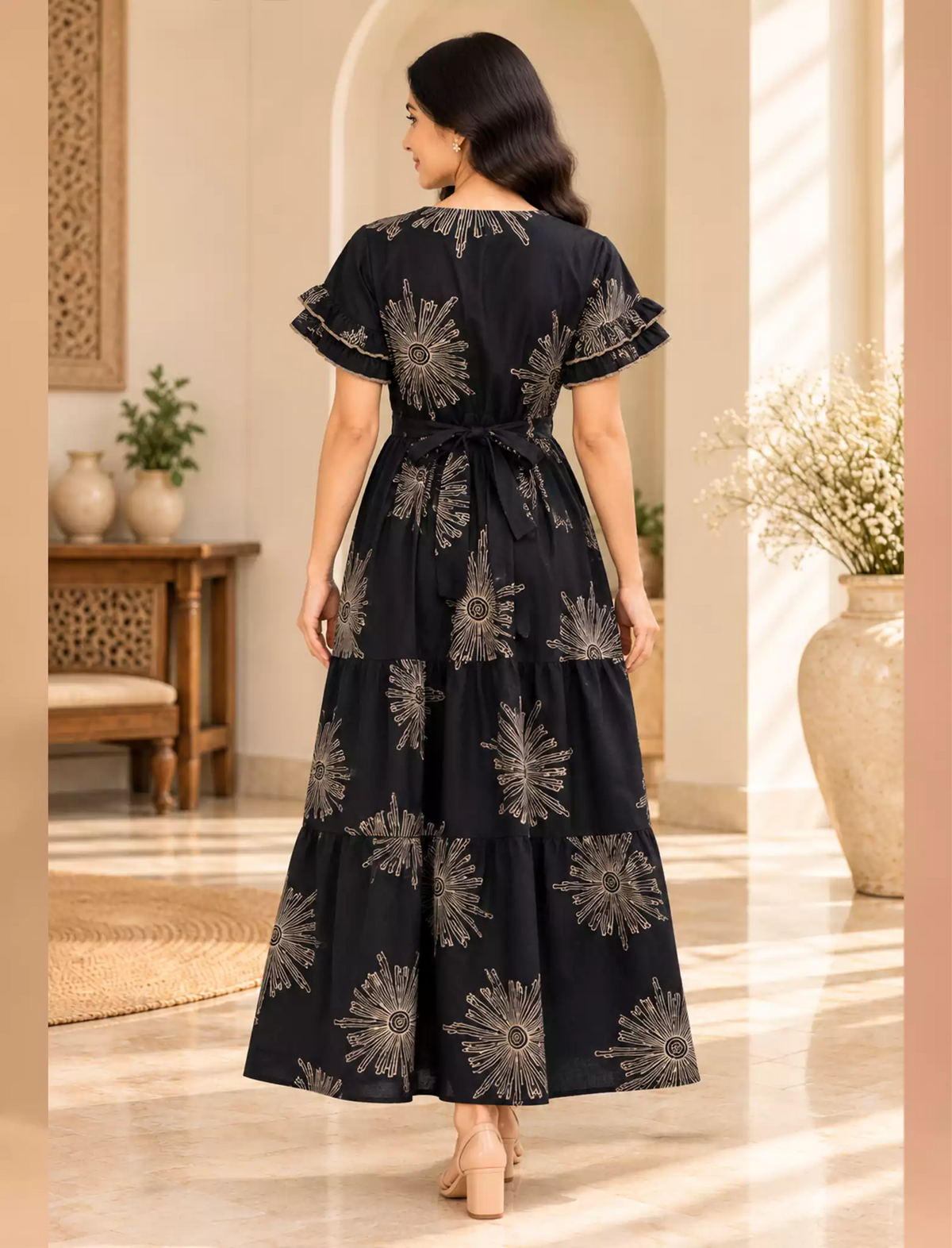 Sunburst Line-Art Rayon Layer Full Frock with Peter Pan Collar| Mangai Nighties