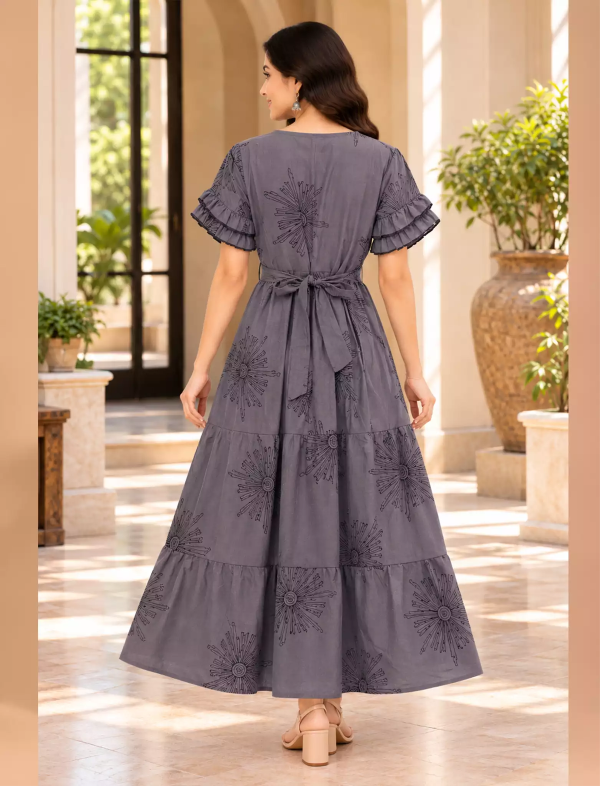 Sunburst Line-Art Rayon Layer Full Frock with Peter Pan Collar| Mangai Nighties