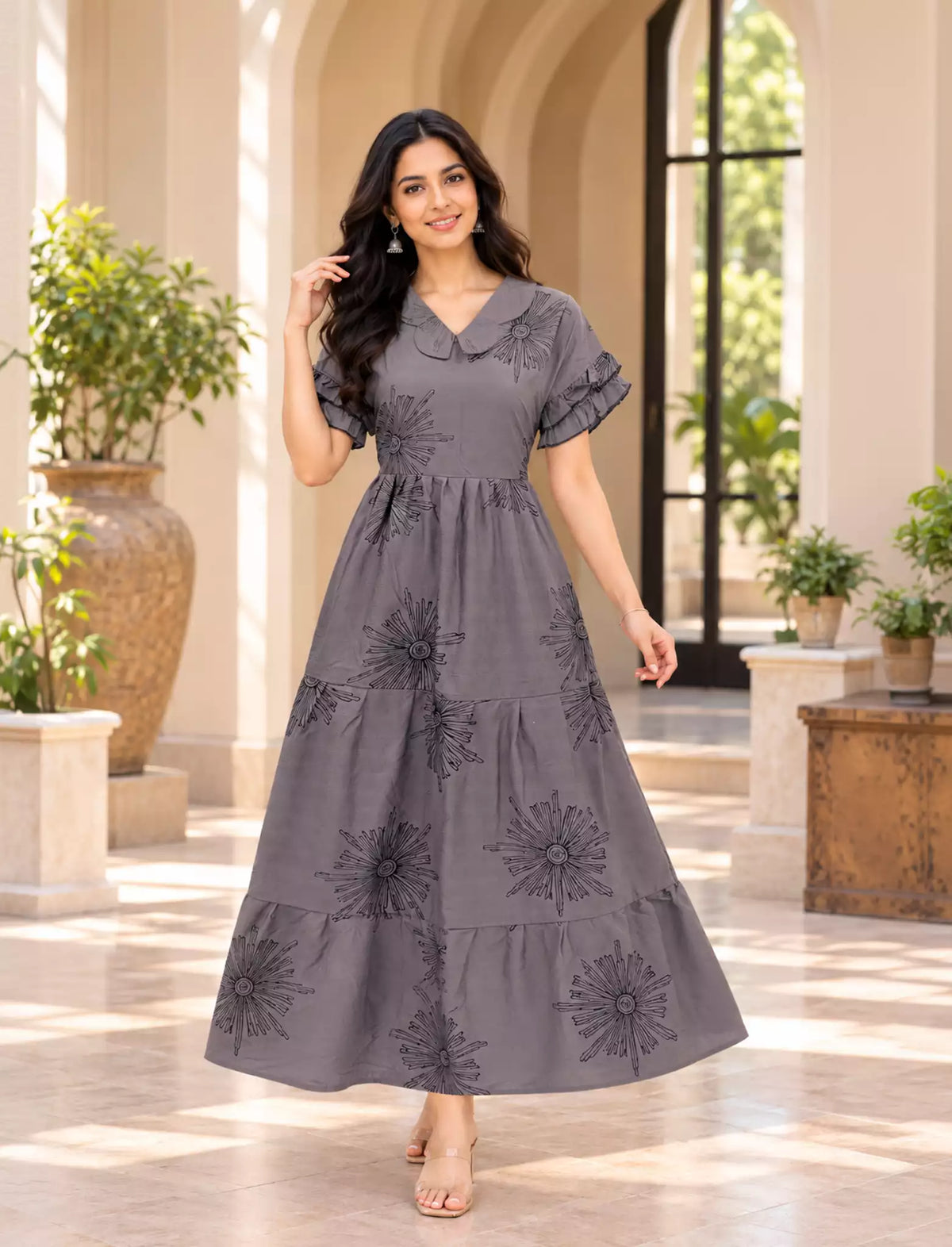 Sunburst Line-Art Rayon Layer Full Frock with Peter Pan Collar| Mangai Nighties
