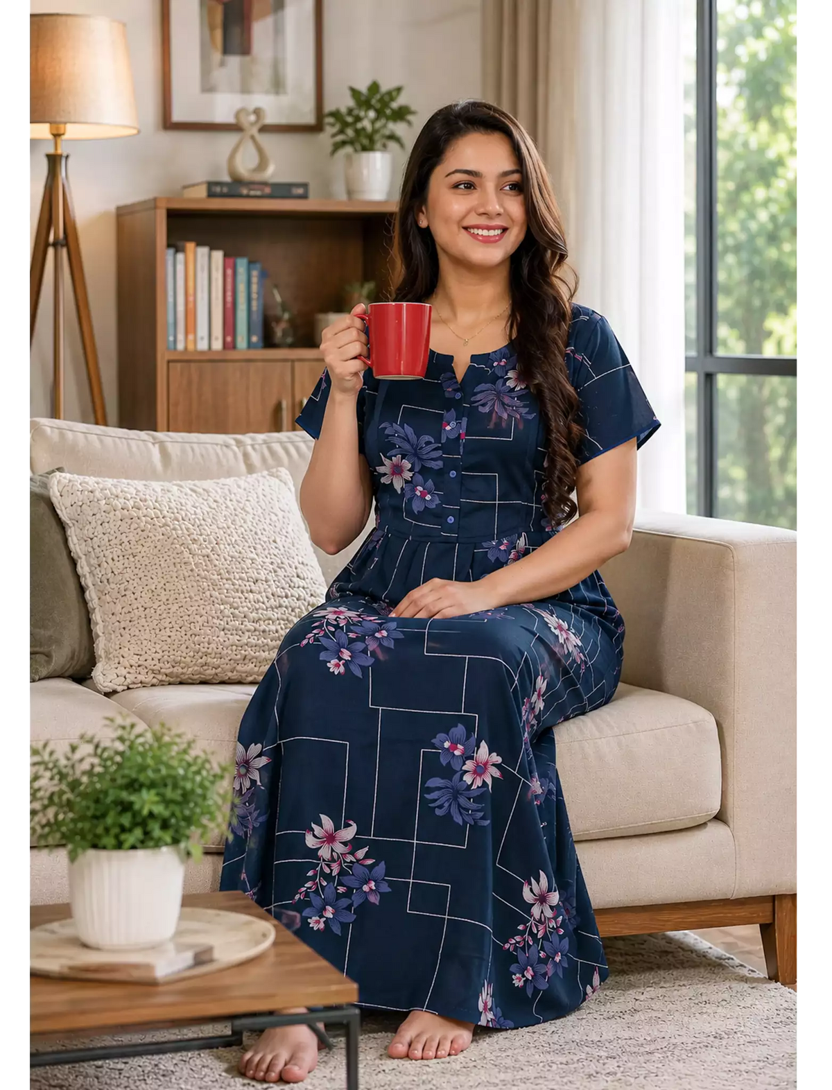 Alpine Floral Geometric Print Kurti Style Nighty - Mangai Nighties