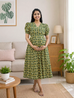 Geometric Print Cotton Maternity Maxi Frock With Back Tie - Mangai Nighties