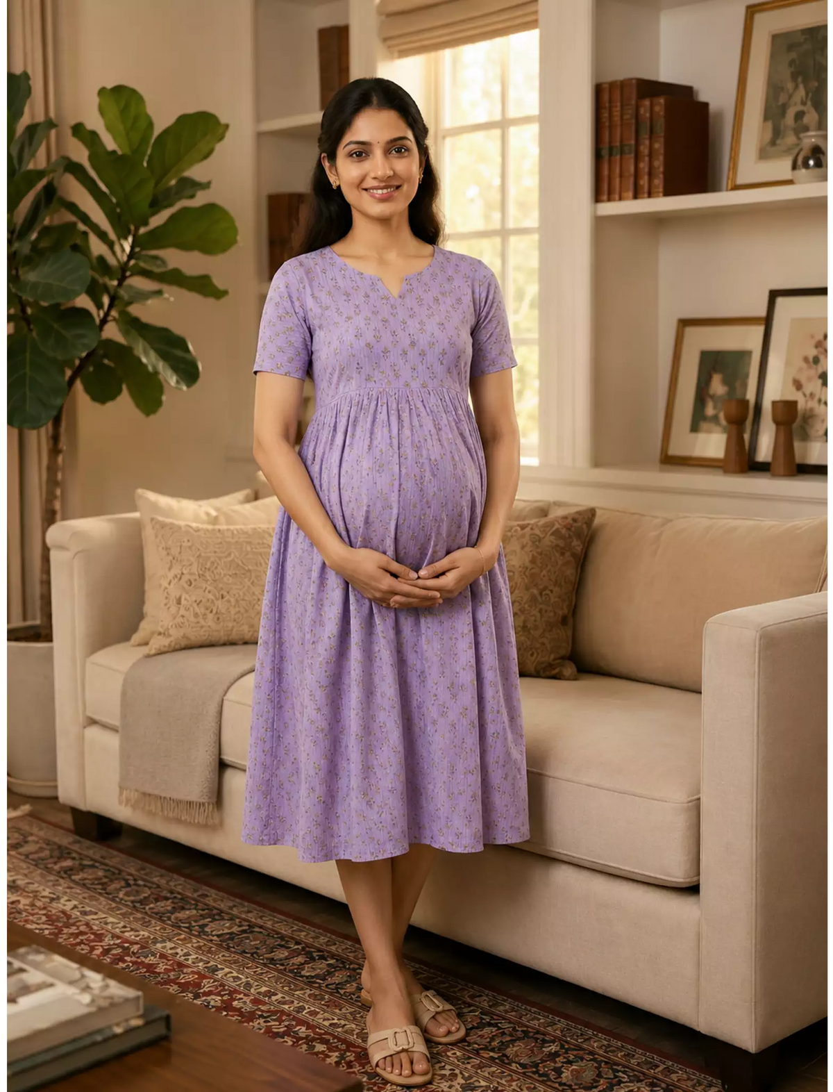 Lavender Katha Printed Maternity & Feeding Maxi Frock - Mangai Nighties