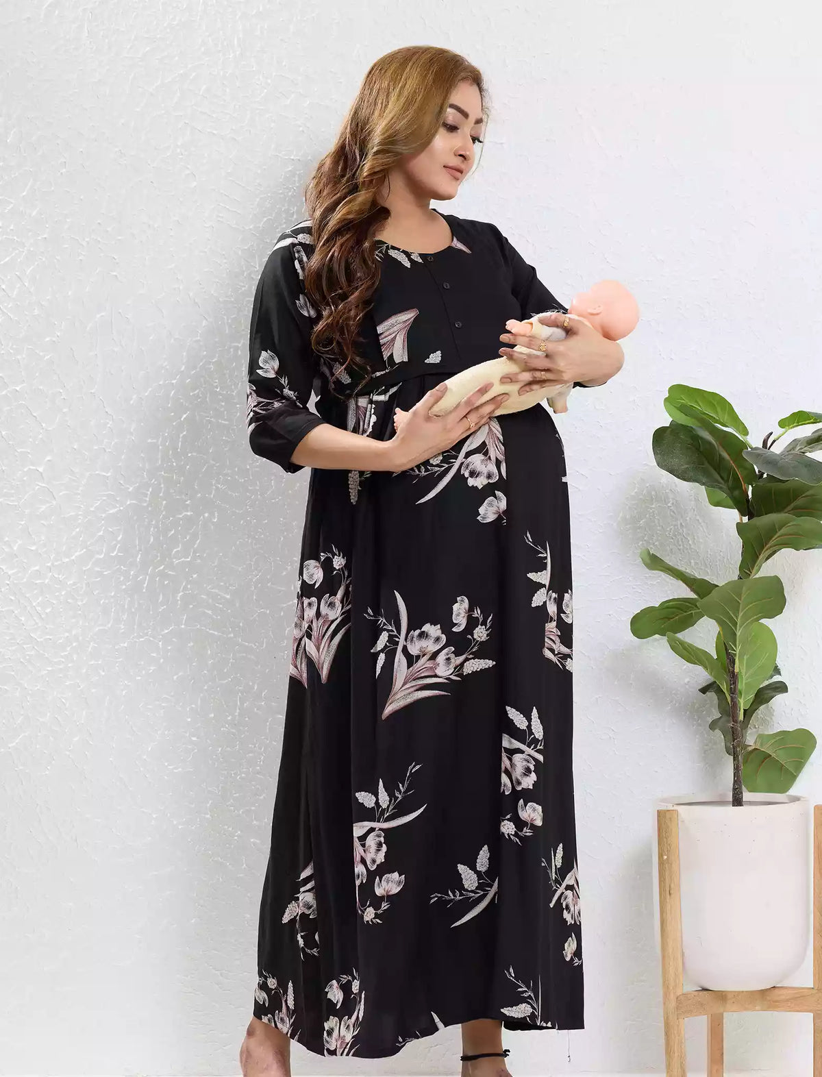 Black Rayon Feeding Long Frock - Mangai Nighties