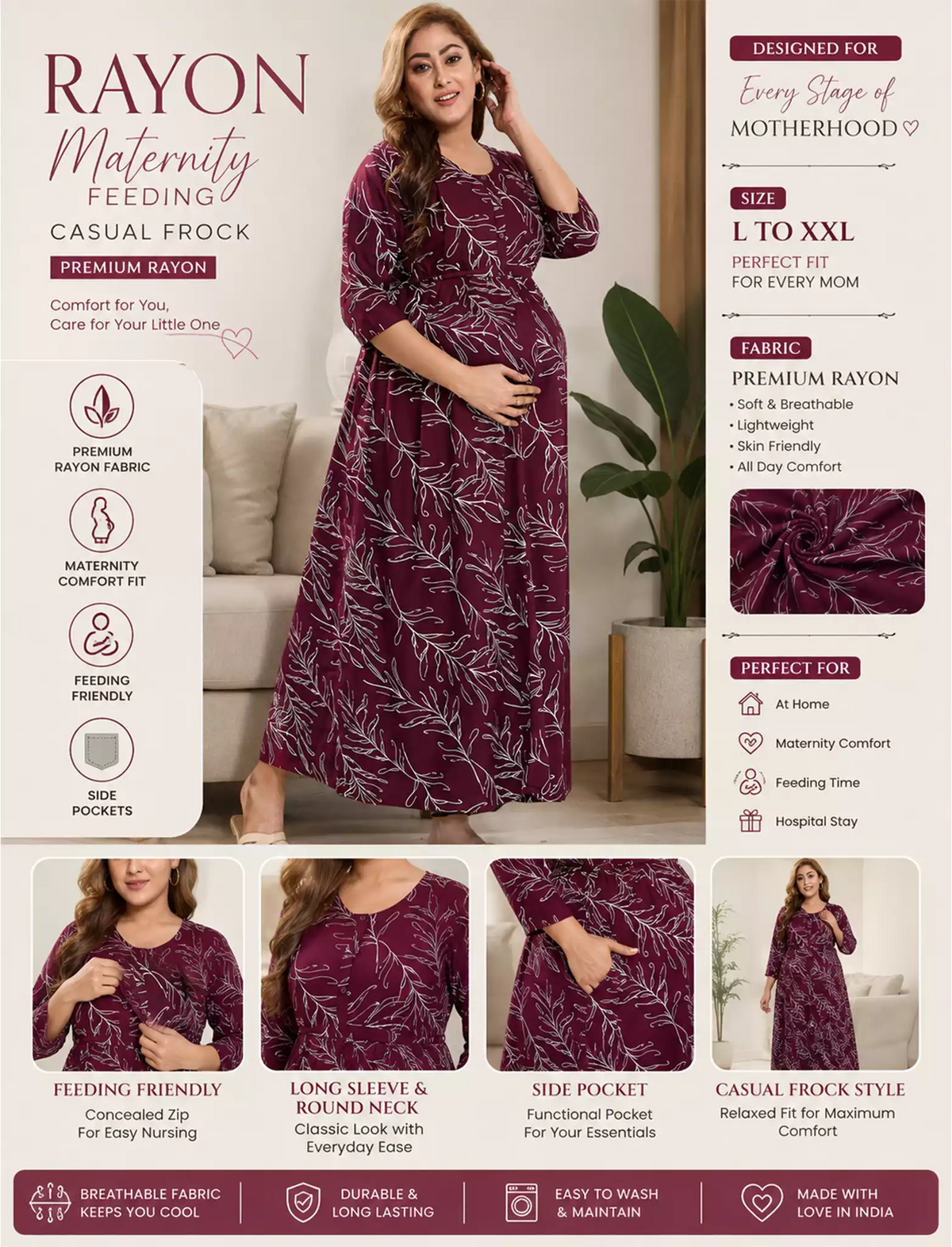 Rayon Feeding Maternity Long Frock - Mangai Nighties