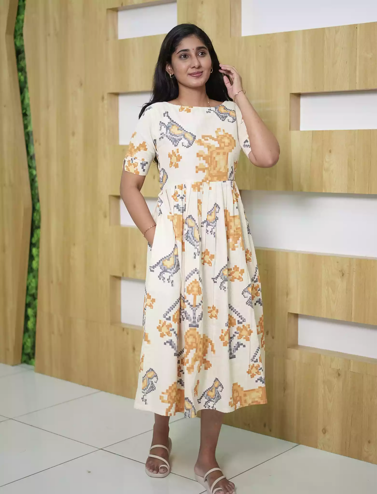 Abstract Print Cotton Maxi Frock with Pocket & Back Tie | Mangai Nighties