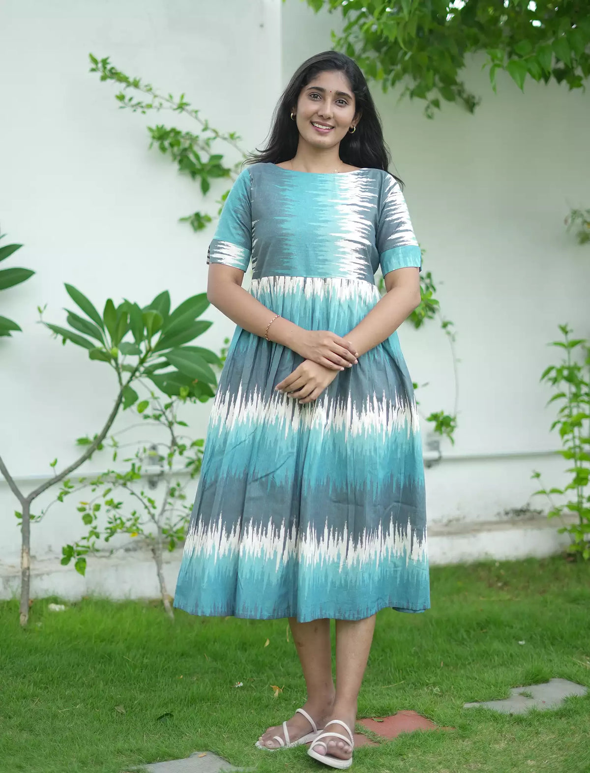 Abstract Brush Print Cotton Maxi Frock with Back Tie | Mangai Nighties