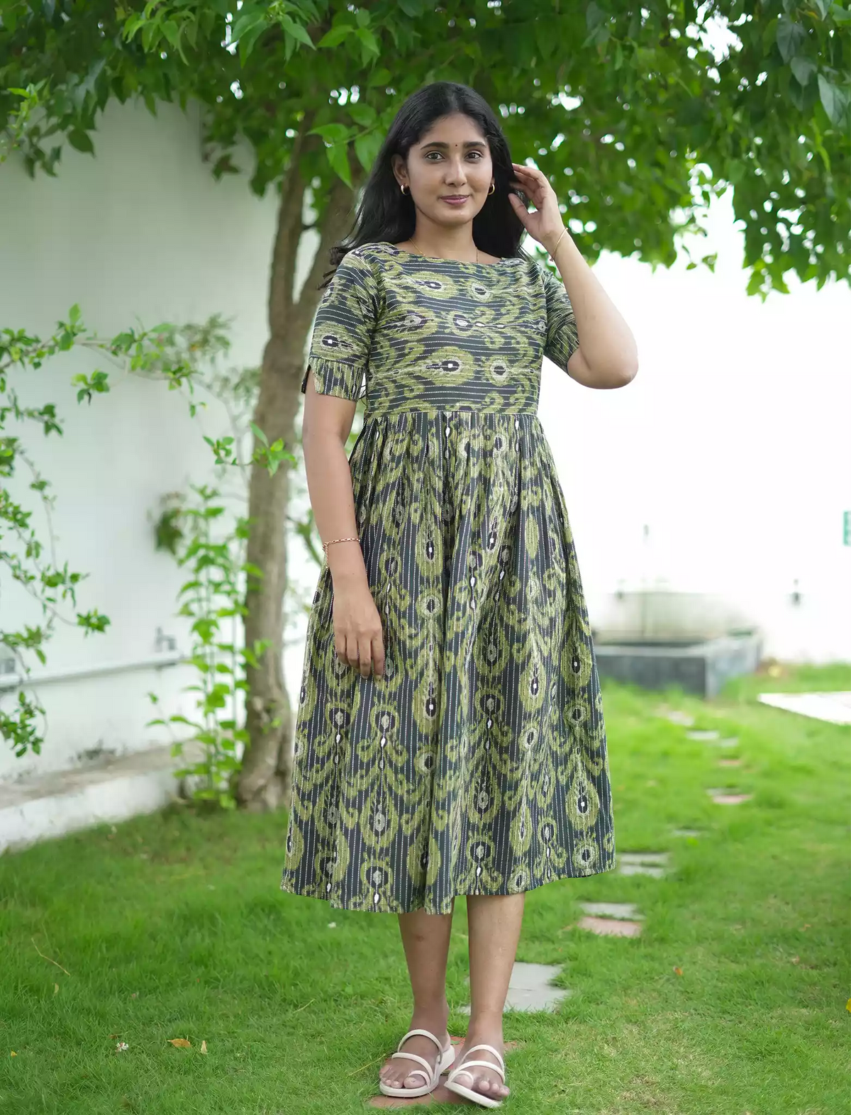 Traditional Ikat Print Cotton Maxi Frock with Pocket | Mangai Nighties