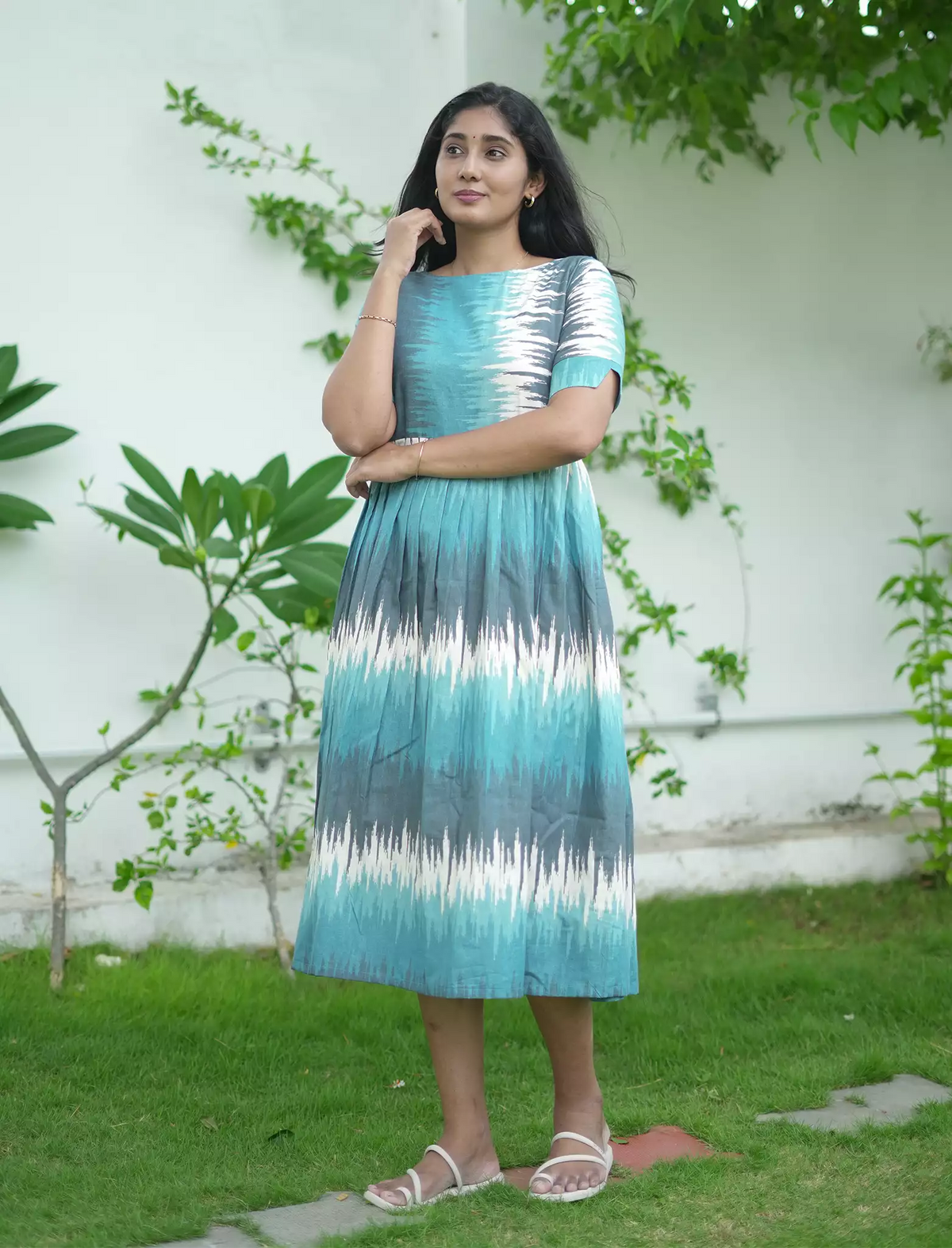 Abstract Brush Print Cotton Maxi Frock with Back Tie | Mangai Nighties