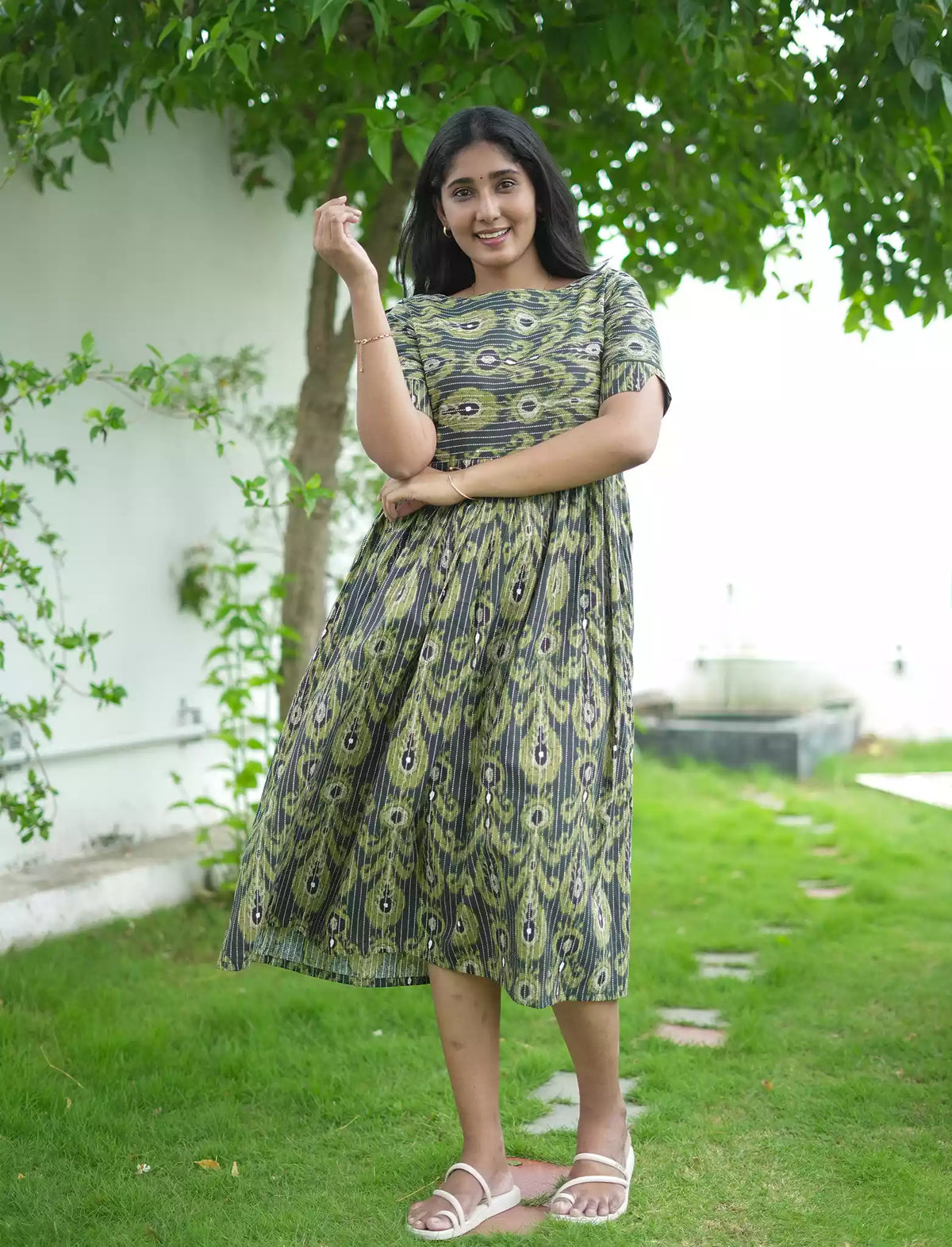 Traditional Ikat Print Cotton Maxi Frock with Pocket | Mangai Nighties