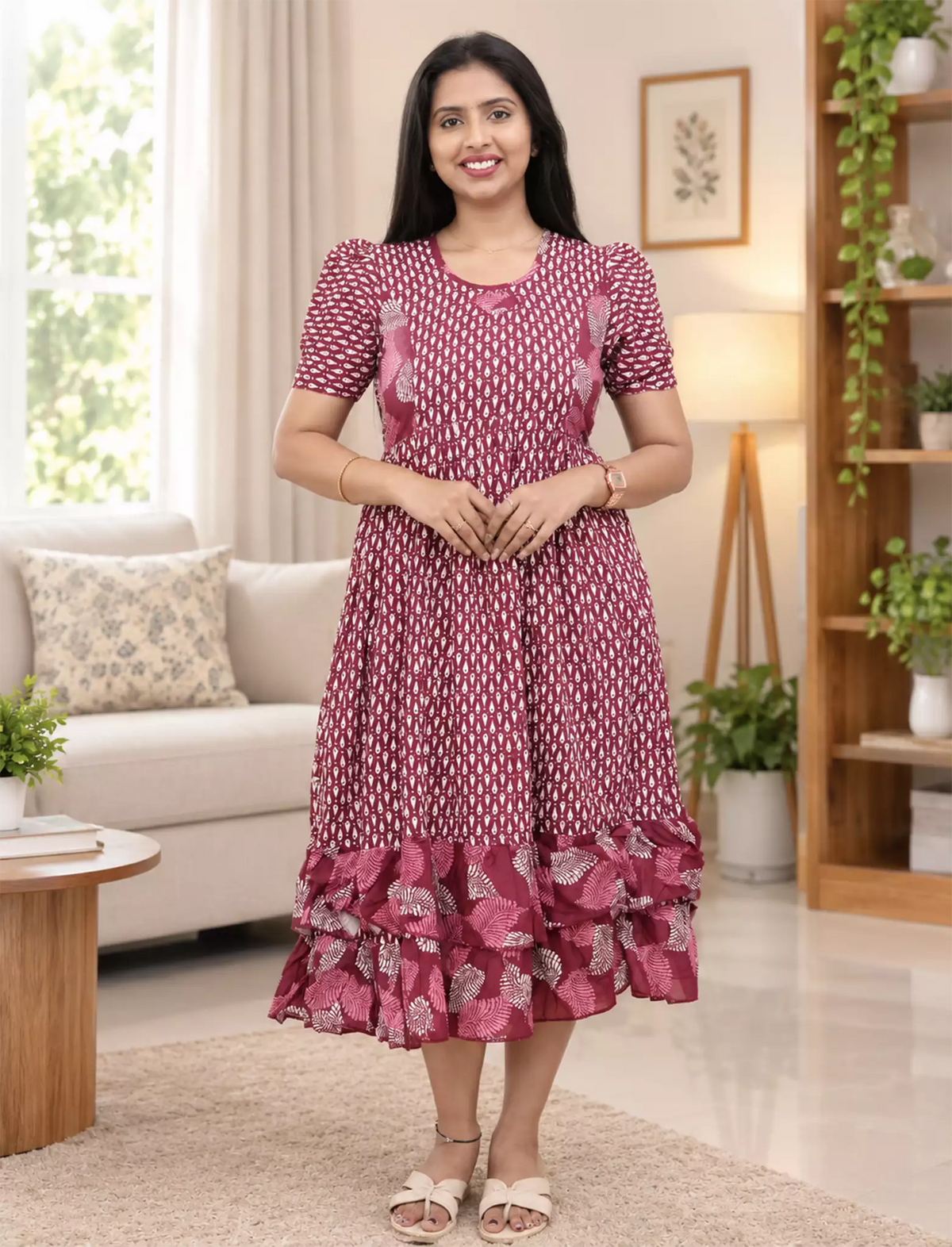 Maroon Leaf Print Rayon Frill Maxi with Back Tie - Mangai Nighties