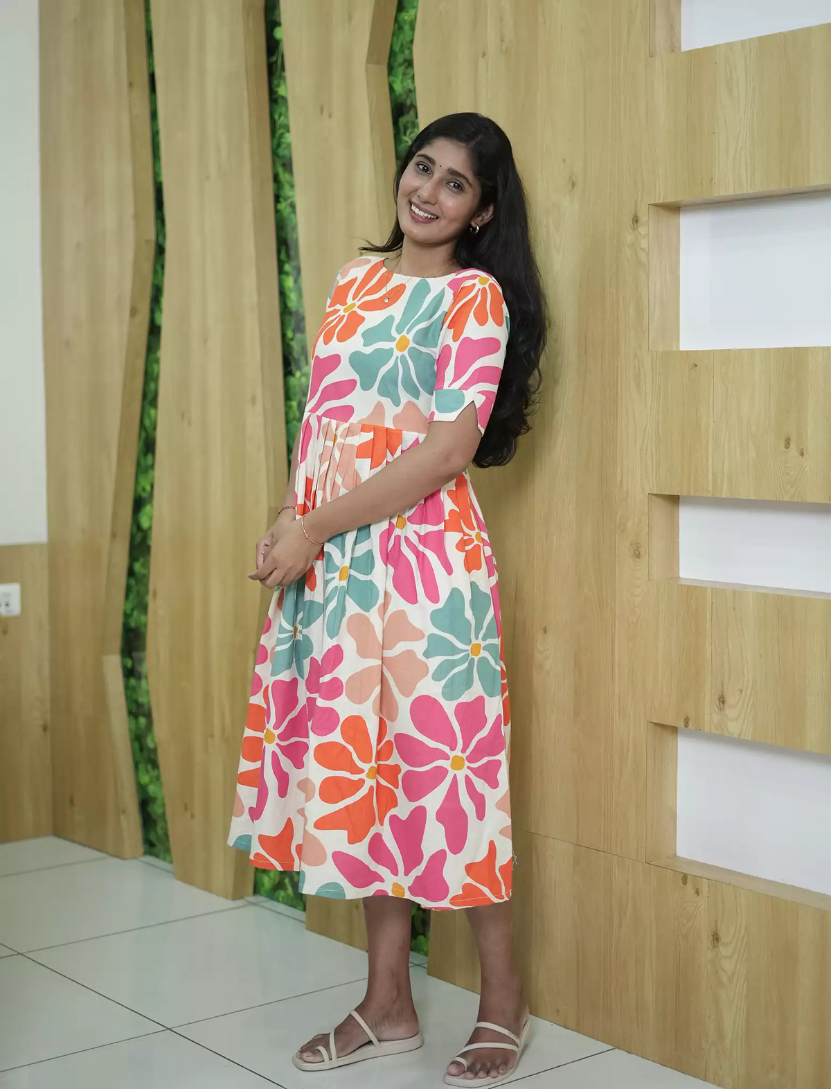 Abstract Floral Print Cotton Maxi Frock with Pocket | Mangai Nighties