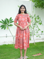 Cotton Leaf Print Cut Sleeve Maxi Frock with Pocket | Mangai Nighties