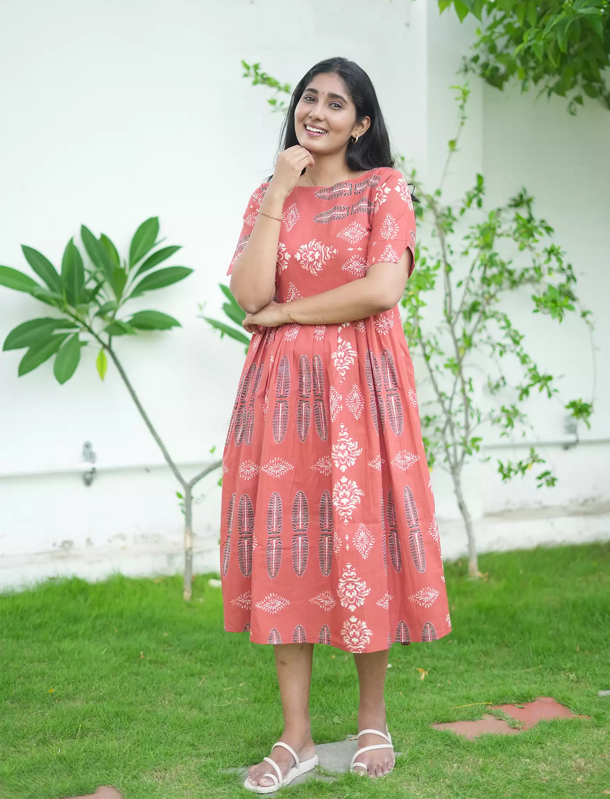 Cotton Leaf Print Cut Sleeve Maxi Frock with Pocket | Mangai Nighties