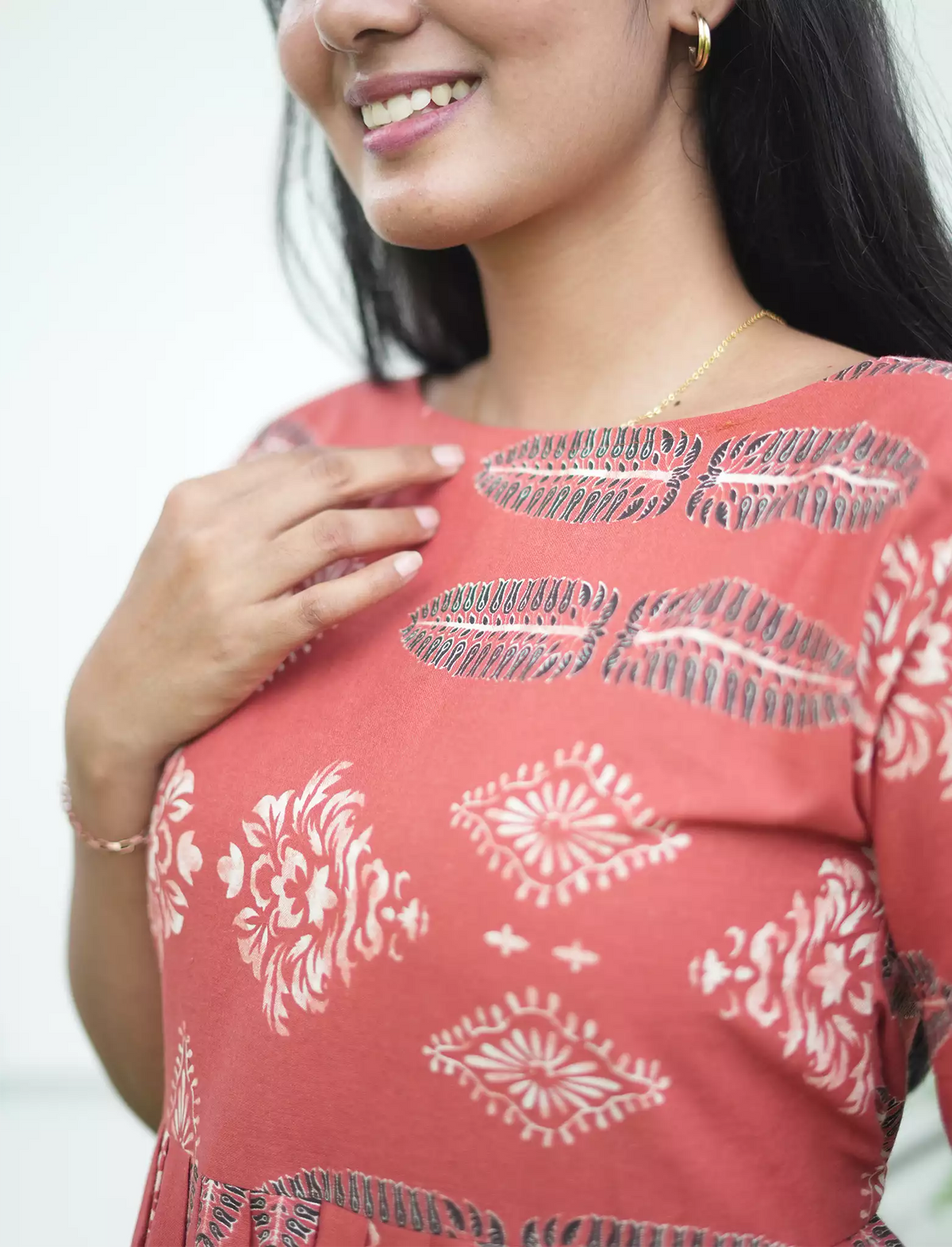 Cotton Leaf Print Cut Sleeve Maxi Frock with Pocket | Mangai Nighties