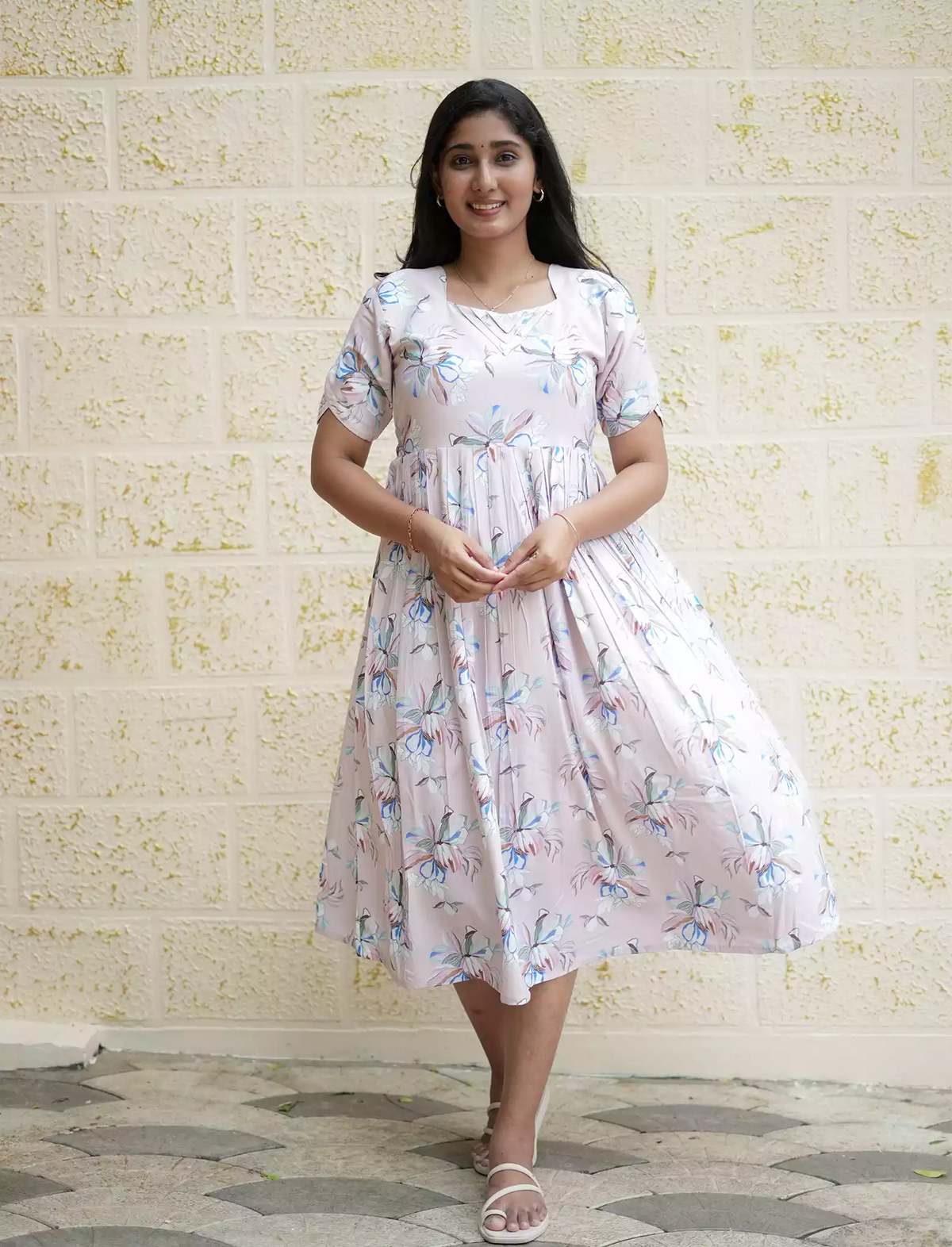 Rayon Floral Print Boat Neck Maxi Dress | Mangai Nighties