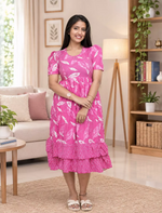 Pink Leaf Print Rayon Frill Maxi with Puff Sleeve- Mangai Nighties
