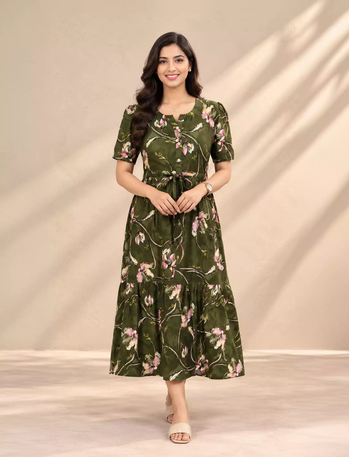 Rayon Floral Print Puff Sleeve Foil Gathering Maxi Frock | Mangai Nighties