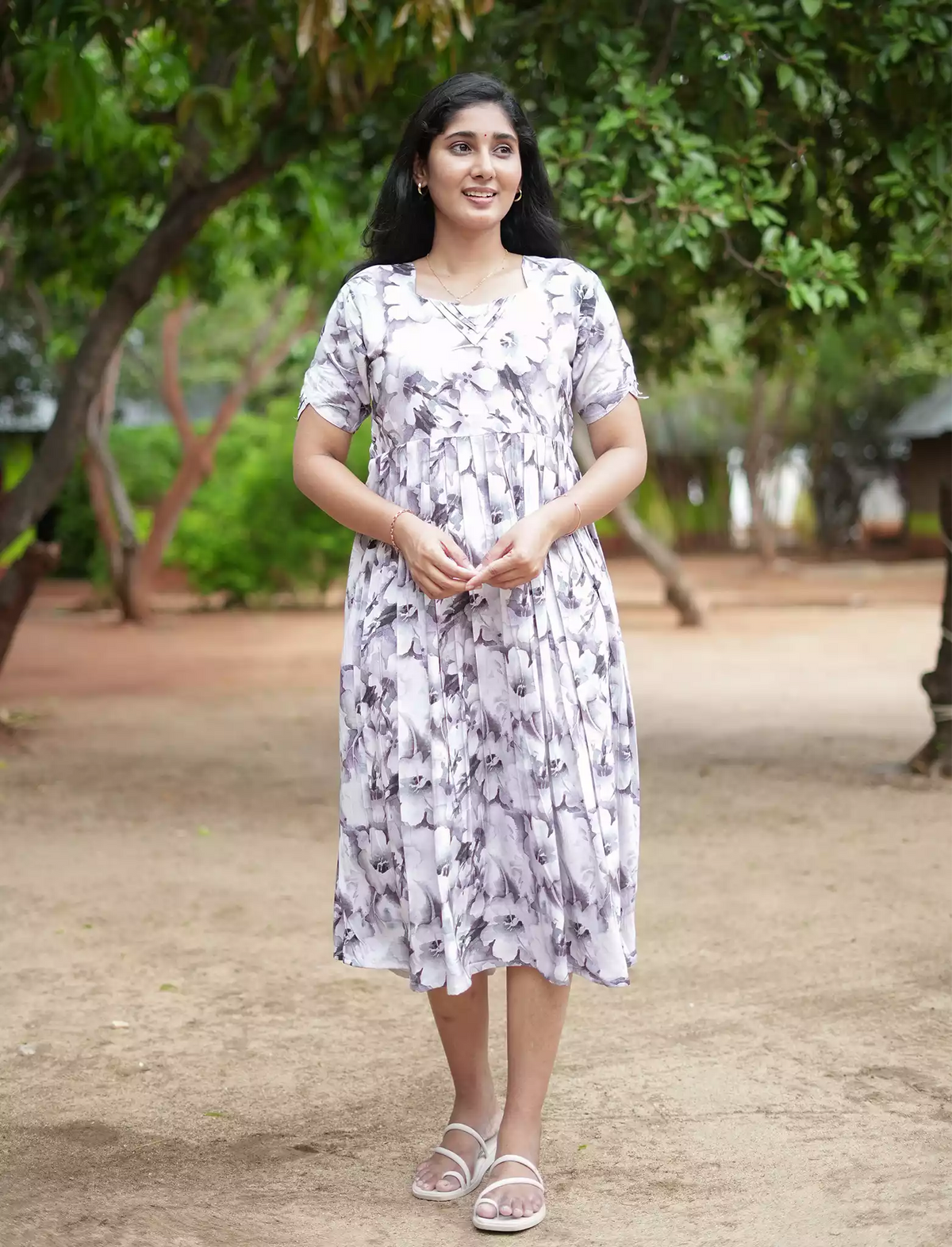 Rayon Floral Print Casual Maxi Dress with Boat Neck| Mangai Nighties