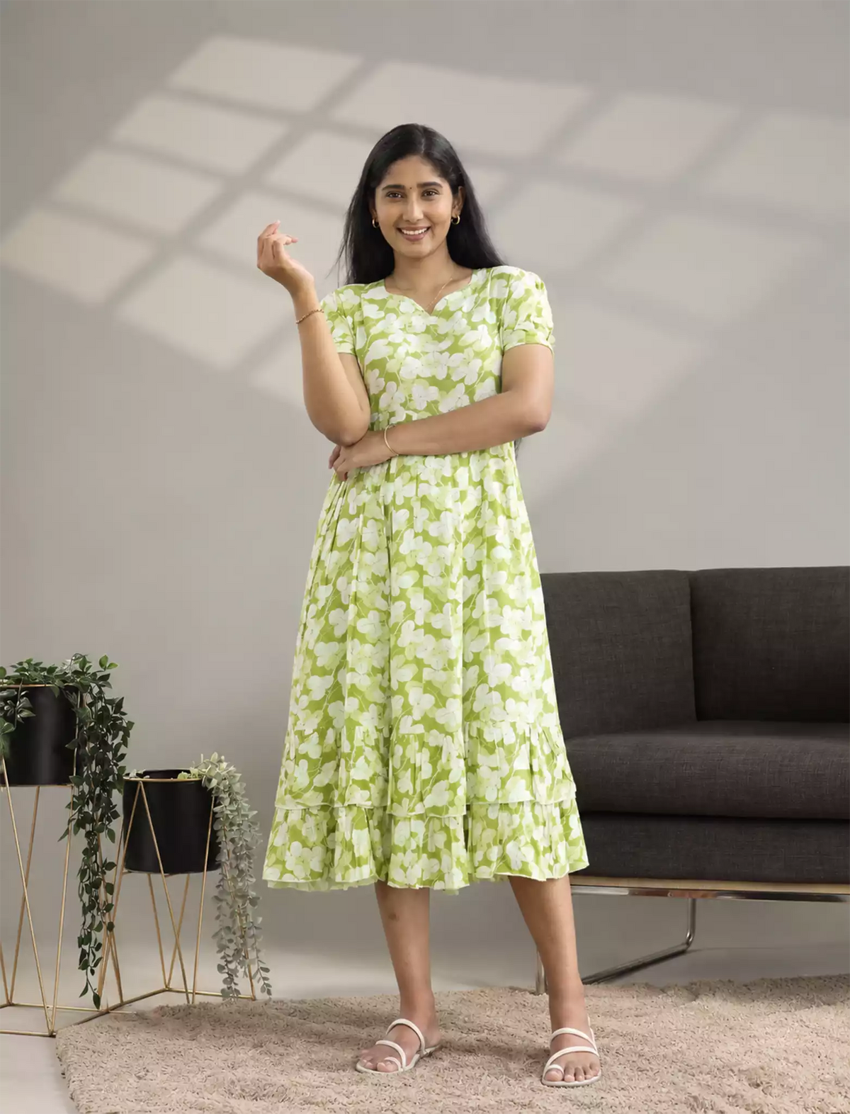 Rayon Tropical Floral Print Maxi Frock with Frilled Bottom - Mangai Nighties