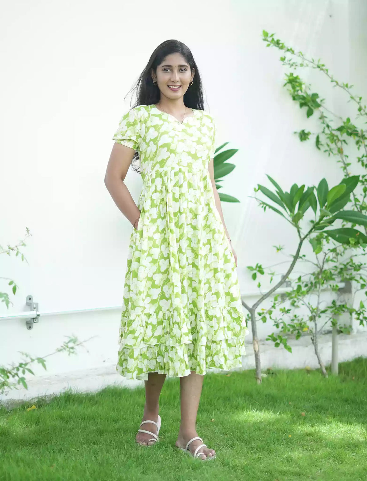 Rayon Tropical Floral Print Maxi Frock with Frilled Bottom - Mangai Nighties
