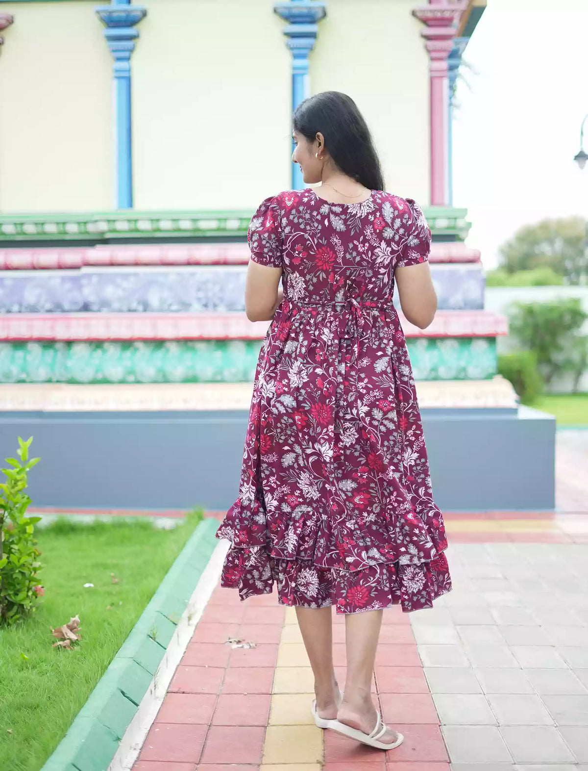 Rayon Vibrant Floral Print Maxi Frock with Puff Sleeve - Mangai Nighties