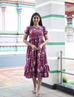 Rayon Vibrant Floral Print Maxi Frock with Puff Sleeve - Mangai Nighties