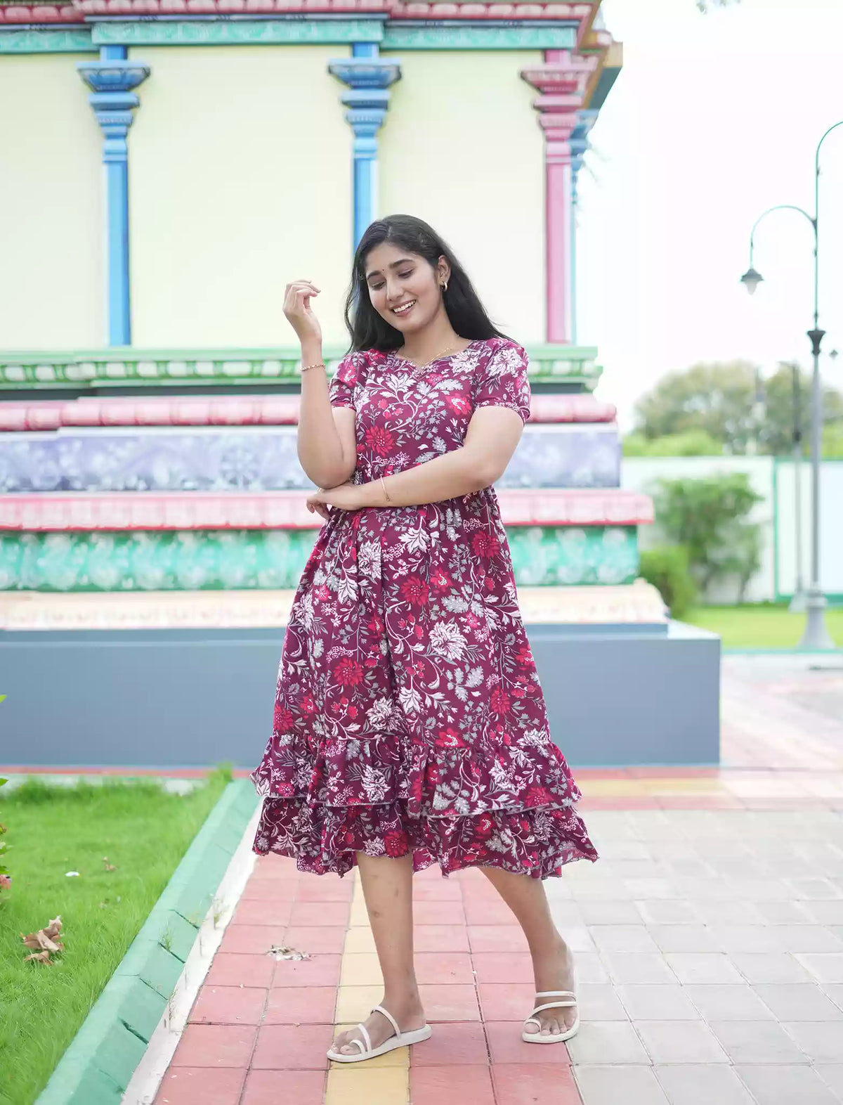 Rayon Vibrant Floral Print Maxi Frock with Puff Sleeve - Mangai Nighties
