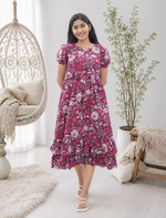Rayon Vibrant Floral Print Maxi Frock with Puff Sleeve - Mangai Nighties