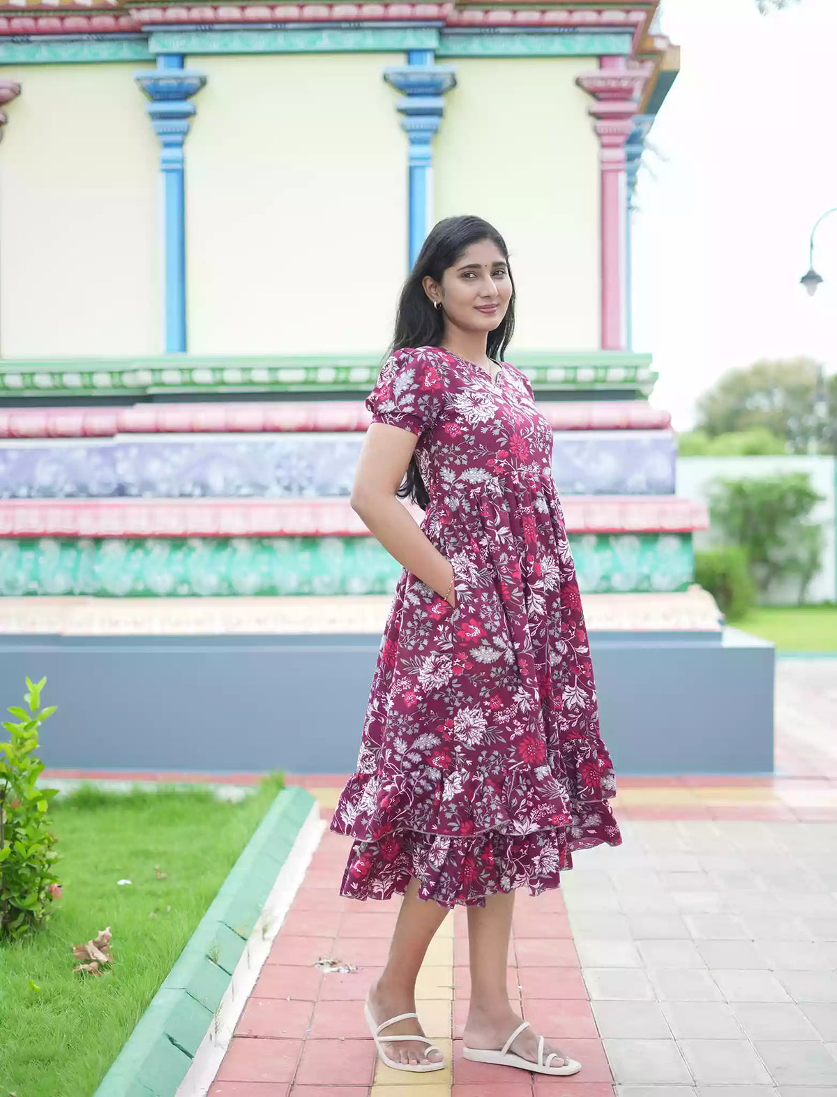 Rayon Vibrant Floral Print Maxi Frock with Puff Sleeve - Mangai Nighties
