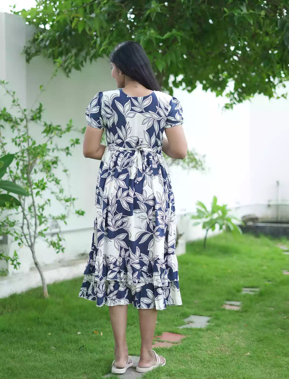 Rayon Navy Blue Leaf Print Rayon Maxi Frock with Puff Sleeve - Mangai Nighties